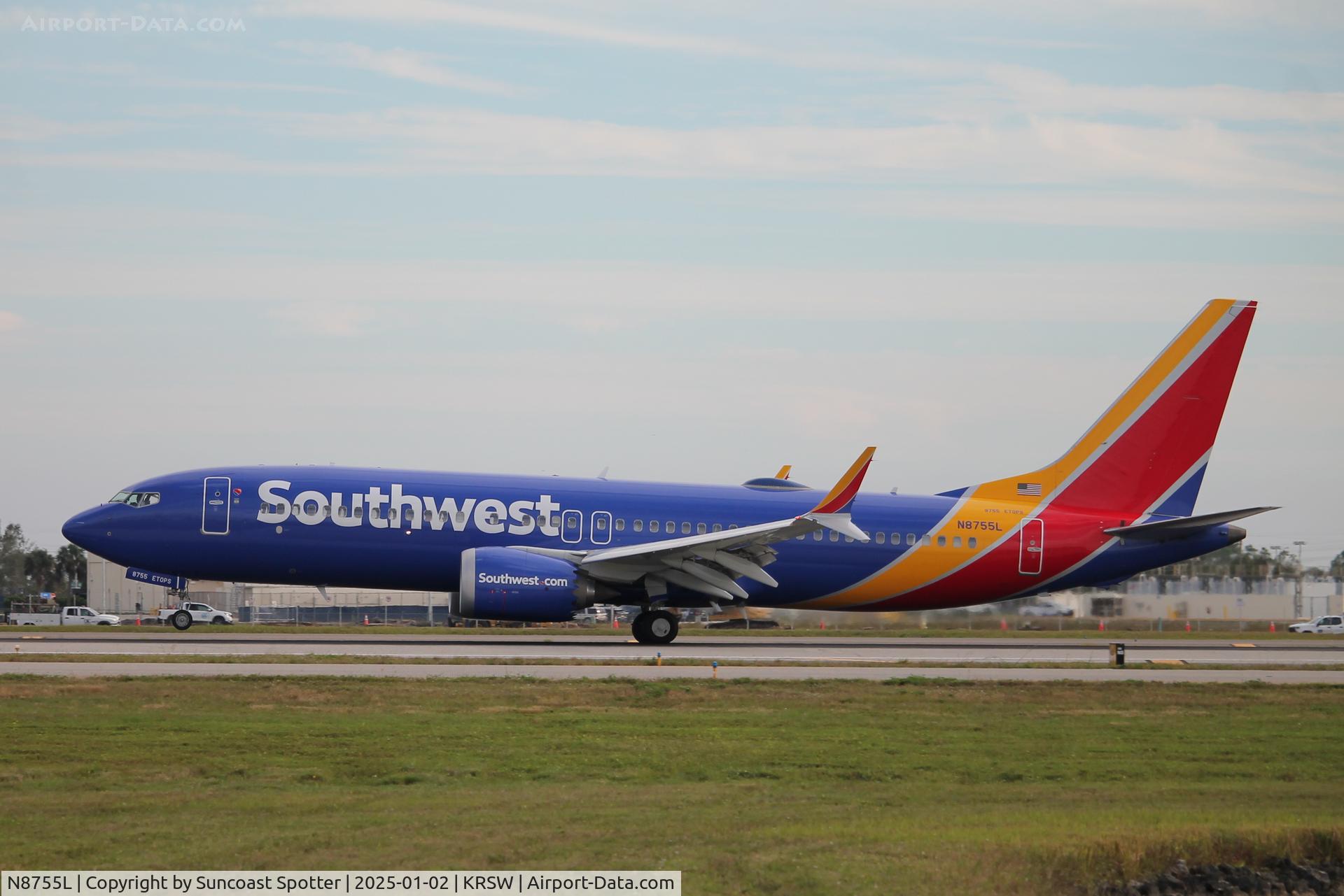 N8755L, 2022 Boeing 737-8 MAX C/N 67208, Southwest Flight 1358 arrives on Runway 6 at Southwest Florida International Airport following flight from Dallas-Love Field