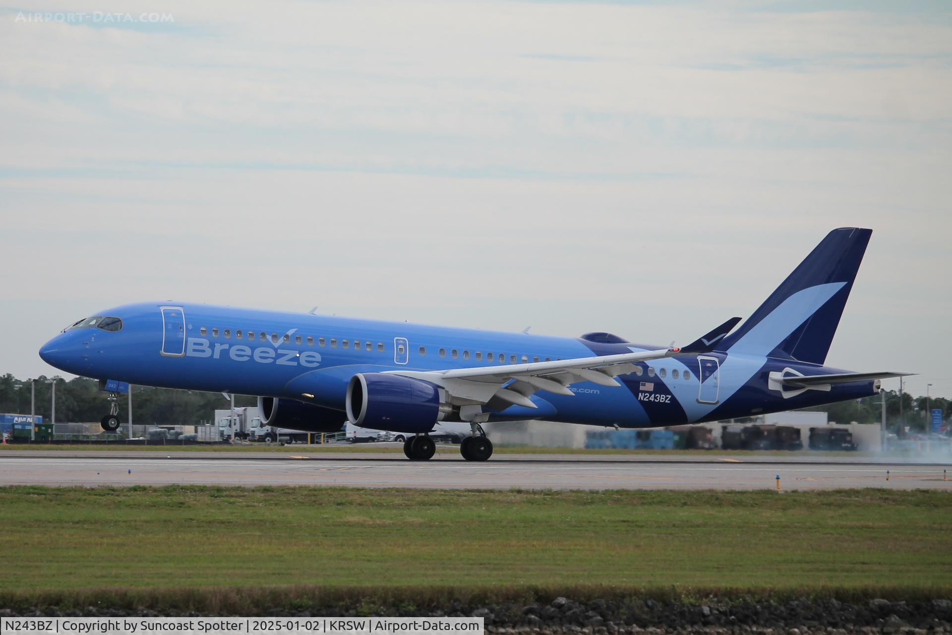 N243BZ, 2024 Airbus A220-371 C/N 55313, Breeze Flight 973 arrives on Runway 6 at Southwest Florida International Airport following flight from Portsmouth International Airport