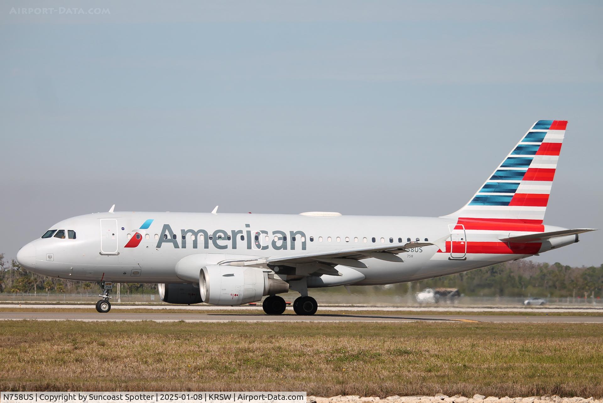 N758US, 2000 Airbus A319-112 C/N 1348, American Flight 1866 taxis at Southwest Florida International Airport prior to flight to Philadelphia International Airport