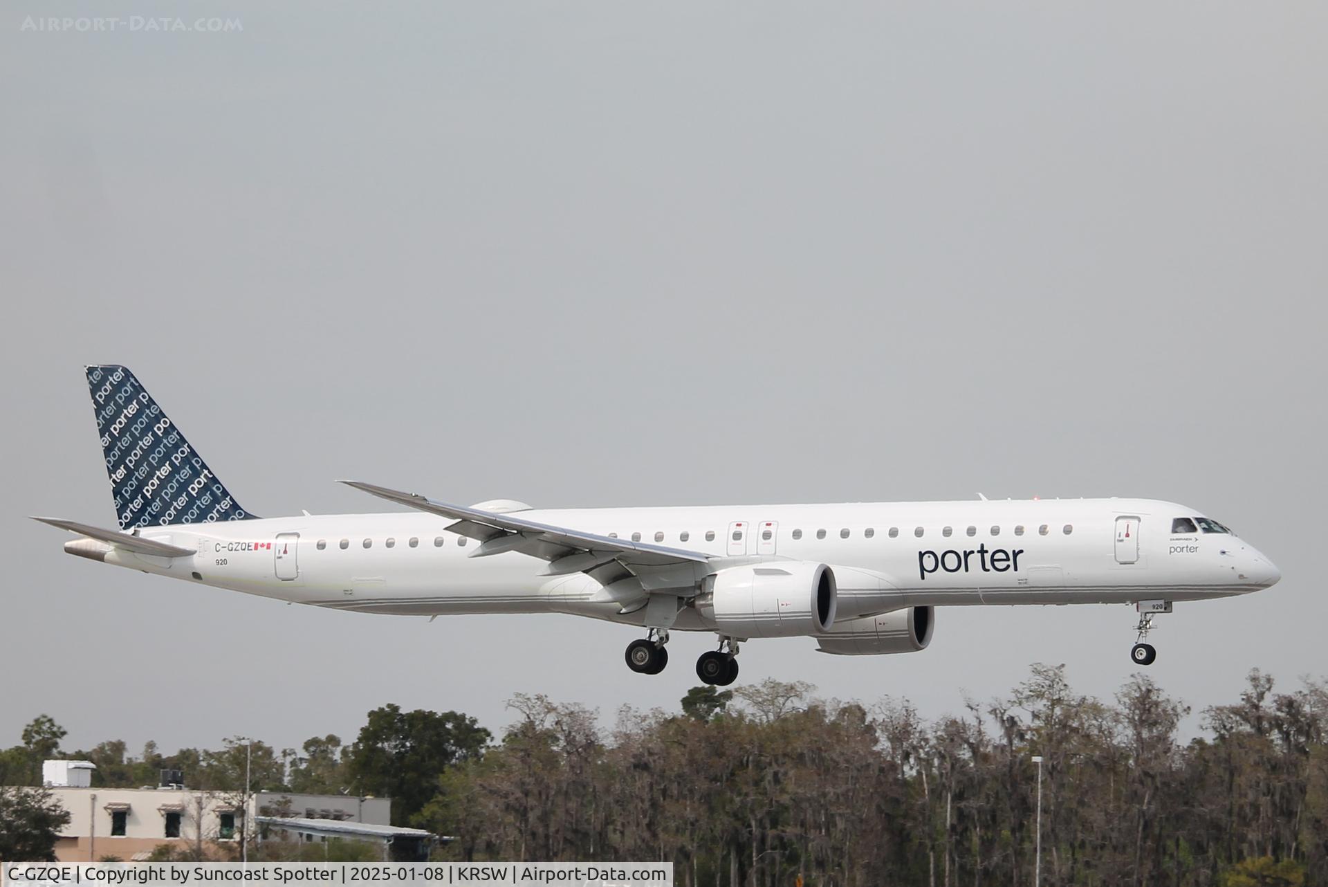 C-GZQE, 2023 Embraer E195-E2 C/N 19020103, Porter Flight 569 arrives on Runway 6 at Southwest Florida International Airport following flight from Montréal–Trudeau International Airport