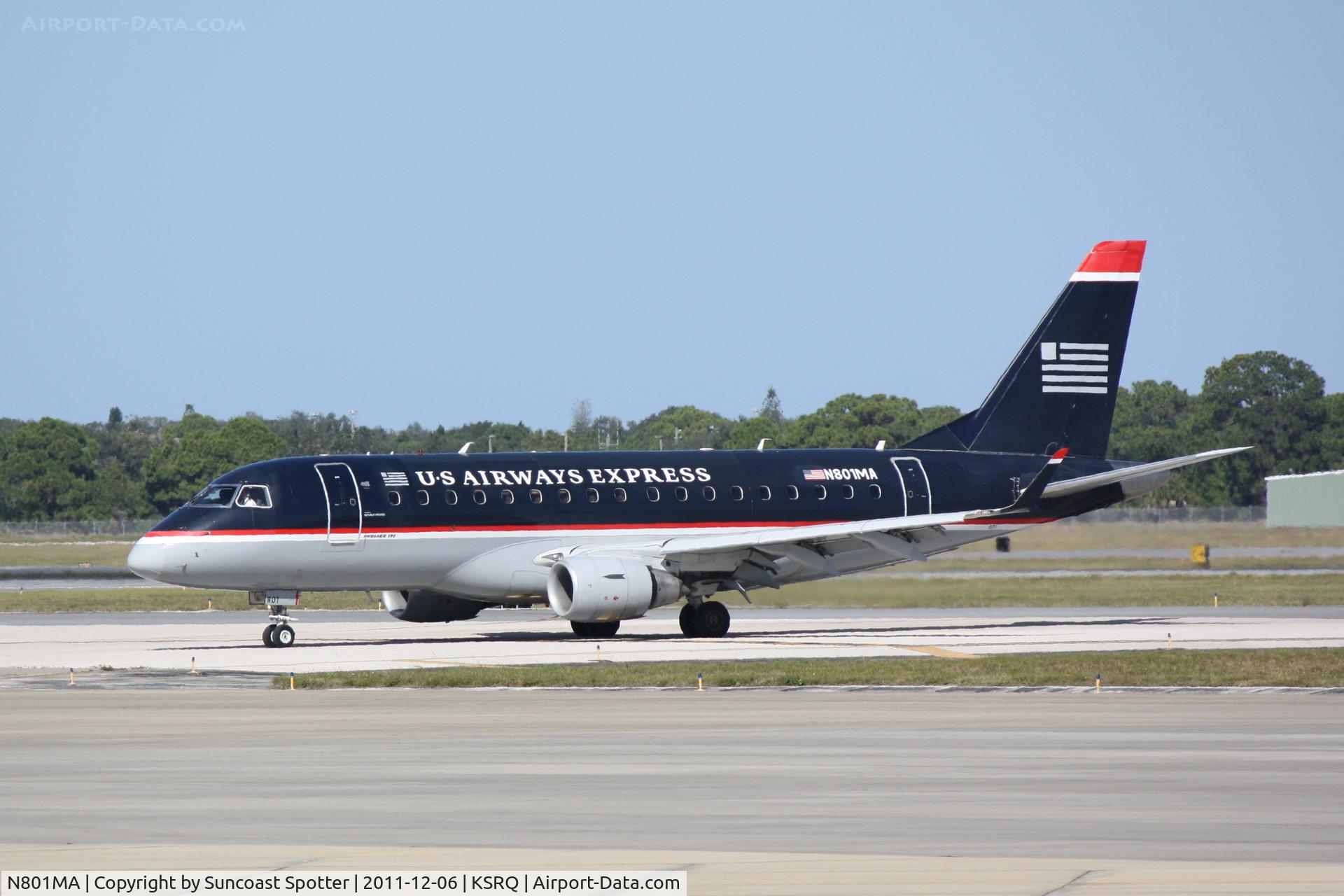 N801MA, 2004 Embraer 170SU (ERJ-170-100SU) C/N 17000012, Republic Airlines/US Airways Express Embraer 175 pulls into gate following arrival to Sarasota-Bradenton International Airport