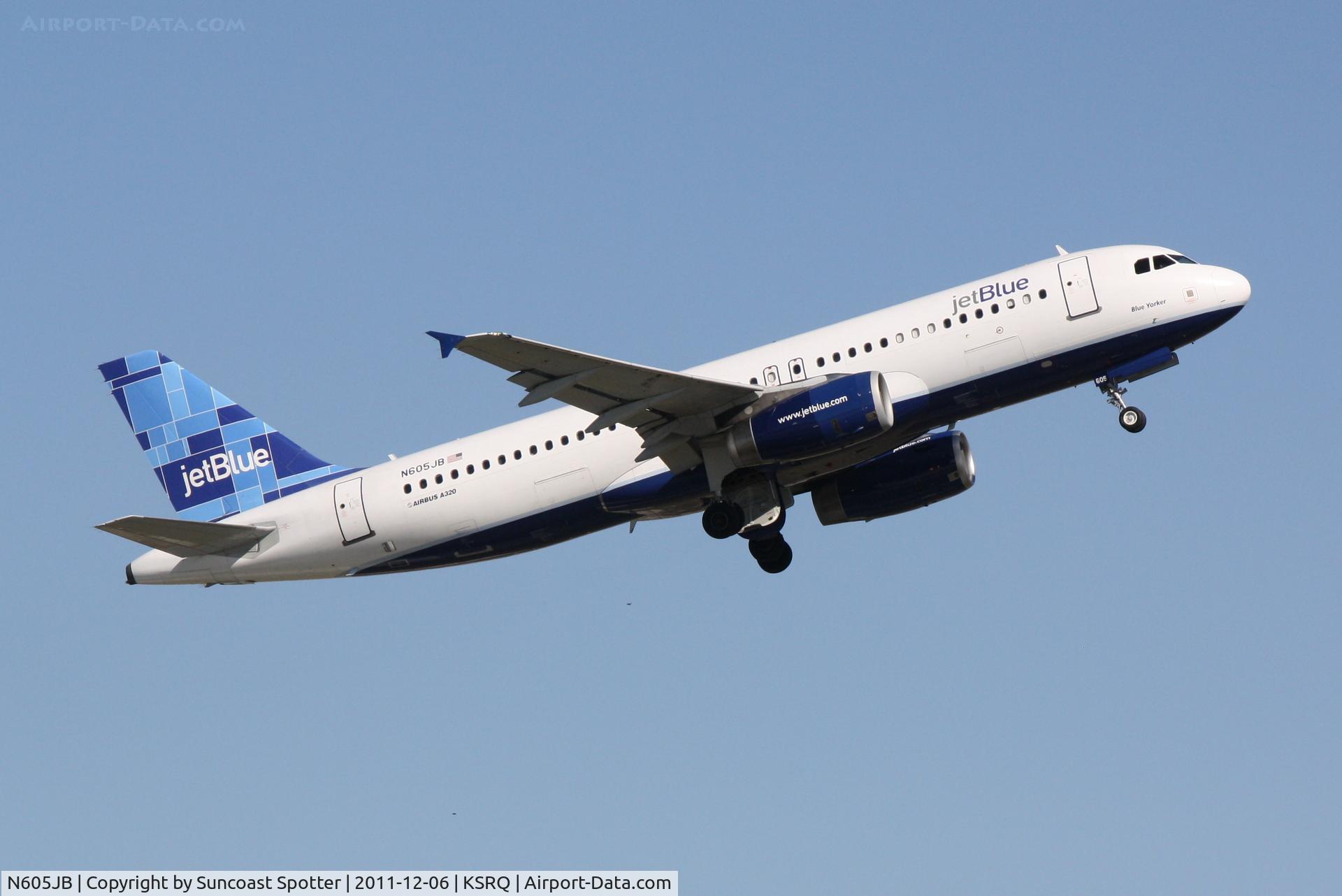 N605JB, 2005 Airbus A320-232 C/N 2368, Jet Blue Airbus A320  departs Runway 14 at Sarasota-Bradenton International Airport