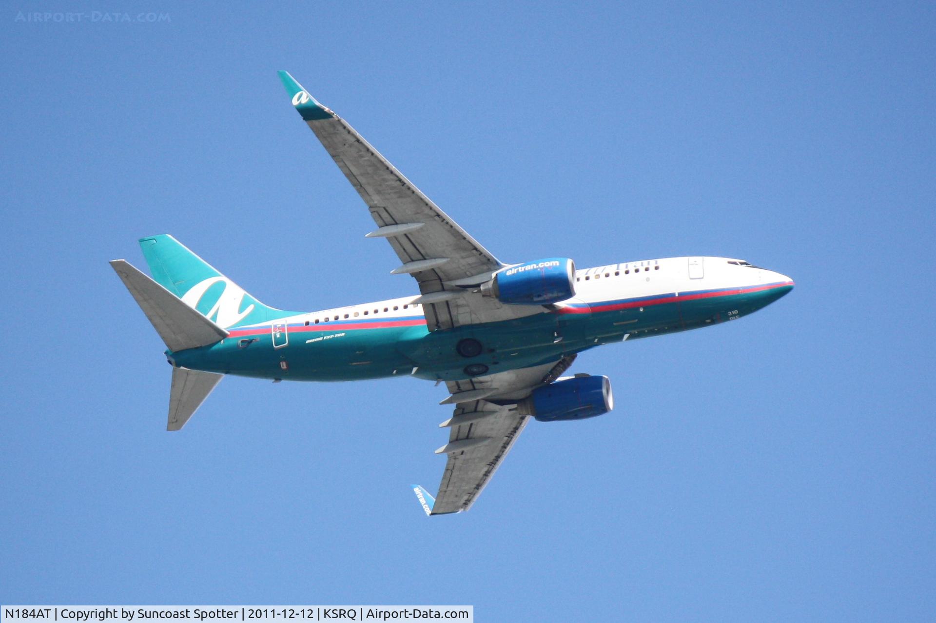 N184AT, 2005 Boeing 737-76N C/N 32656, AirTran Boeing 737-700 departs Runway 14 at Sarasota Bradenton International Airport