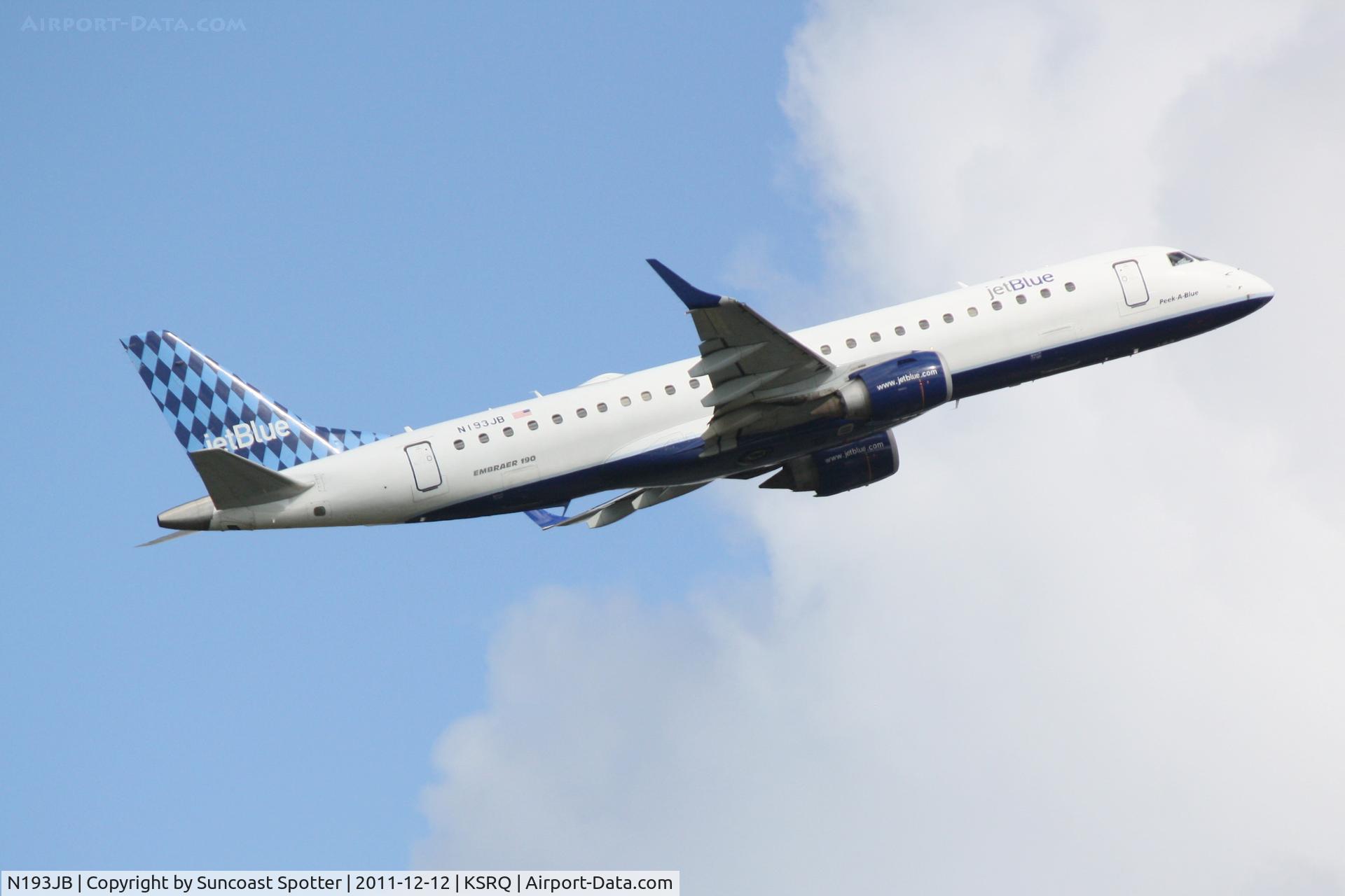 N193JB, 2005 Embraer 190AR (ERJ-190-100IGW) C/N 19000017, Jet Blue Embraer  departs Runway 14 at Sarasota-Bradenton International Airport