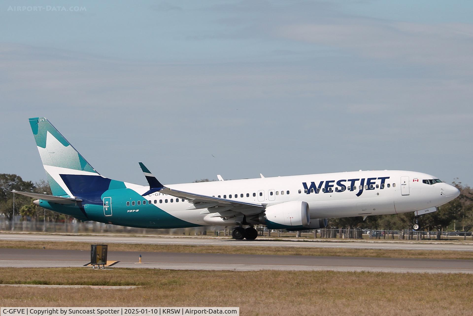 C-GFVE, 2023 Boeing 737 Max 8 C/N 66474, WestJet Flight 1237 departs Runway 6 at Southwest Florida International Airport enroute to Toronto-Pearson International Airport