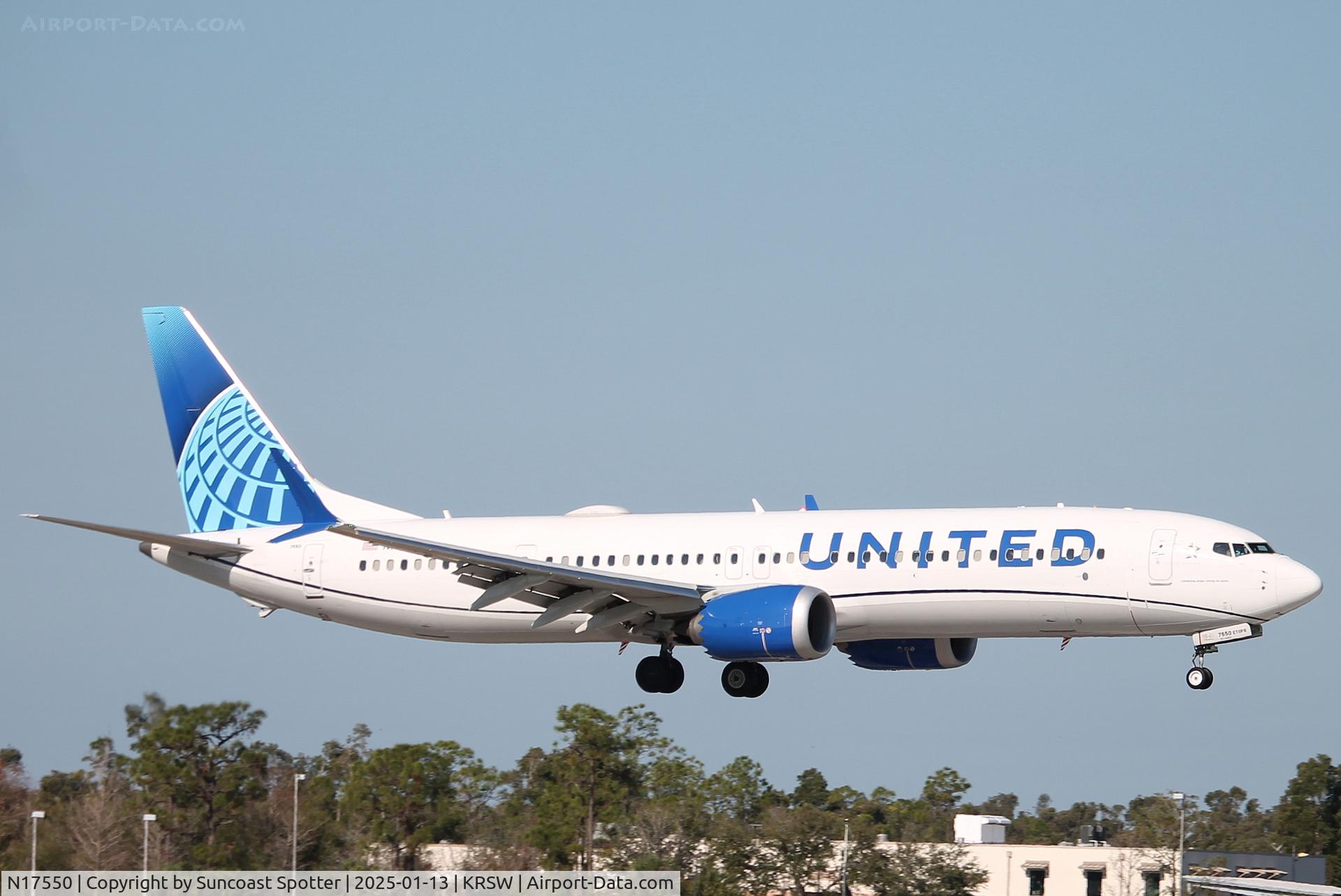 N17550, 2023 Boeing 737-9 MAX C/N 64479, United Flight 742 arrives on Runway 6 at Southwest Florida International Airport following flight from Cleveland-Hopkins International Airport