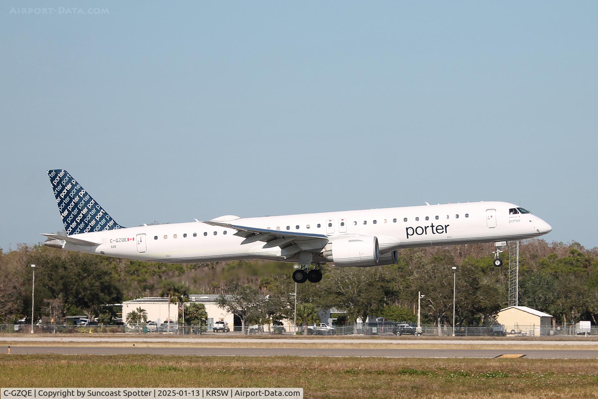 C-GZQE, 2023 Embraer E195-E2 C/N 19020103, Porter Flight 535 arrives on Runway 6 at Southwest Florida International Airport following flight from Toronto-Pearson International Airport