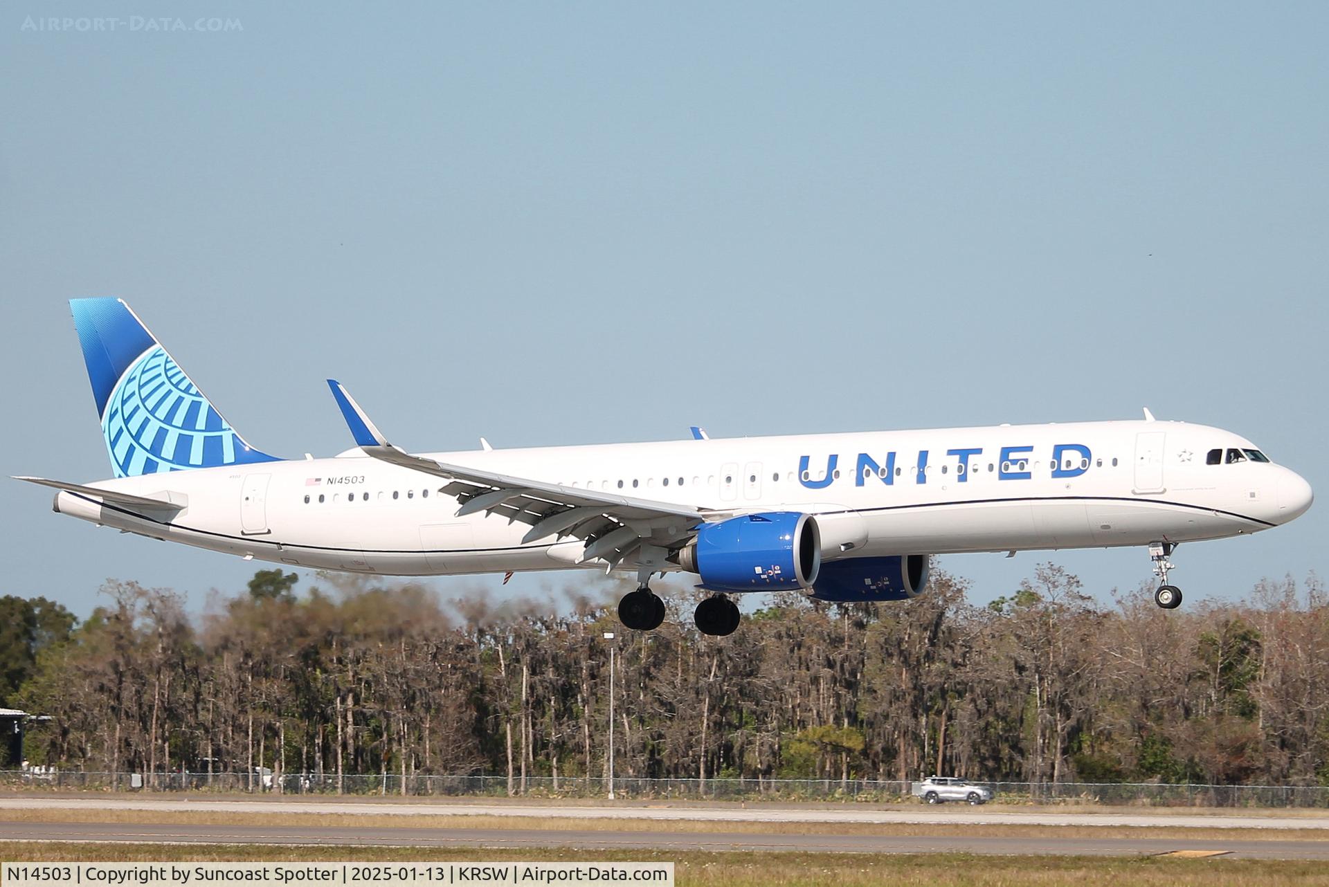 N14503, 2023 Airbus A321-27NX NEO C/N 11599, United Flight 1740 arrives on Runway 6 at Southwest Florida International Airport following flight from Chicago-O’Hare International Airport