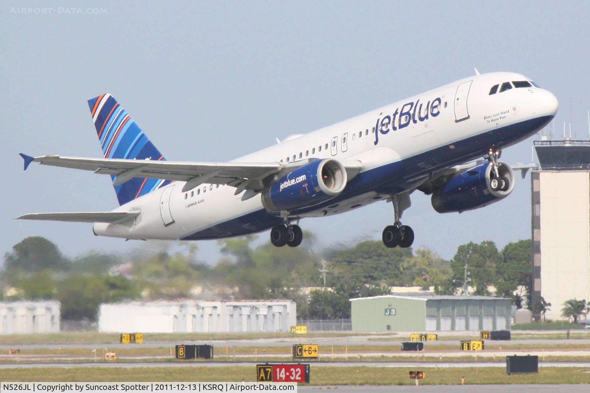 N526JL, 2001 Airbus A320-232 C/N 1546, Jet Blue Airbus A320 departs from Runway 14 at Sarasota-Bradenton International Airport