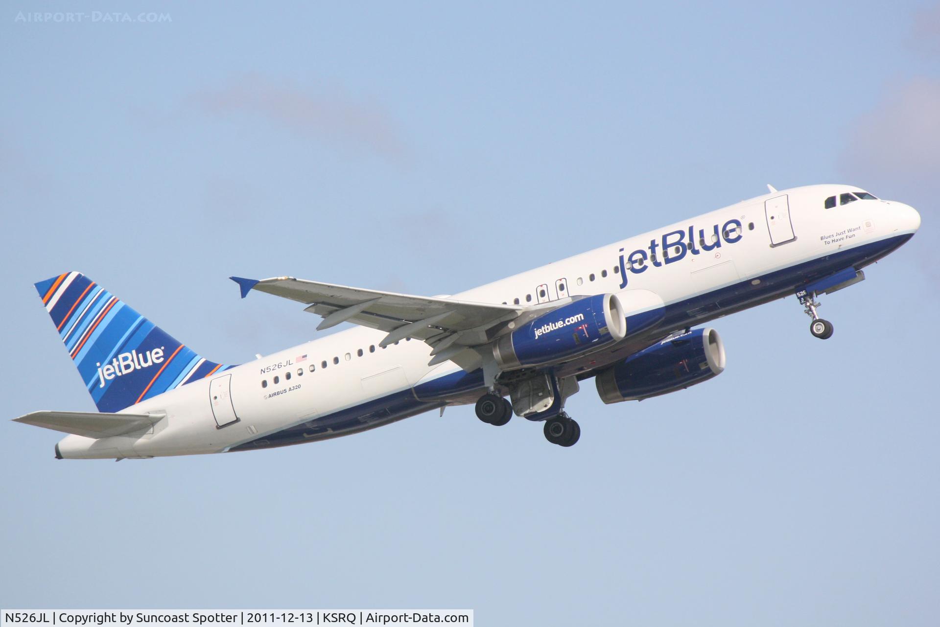 N526JL, 2001 Airbus A320-232 C/N 1546, Jet Blue Airbus A320 departs from Runway 14 at Sarasota-Bradenton International Airport