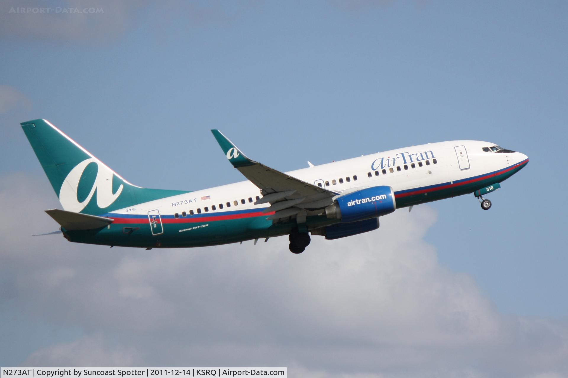 N273AT, 2005 Boeing 737-76N C/N 32662, AirTran Boeing 737-700 departs from Runway 14 at Sarasota-Bradenton International Airport