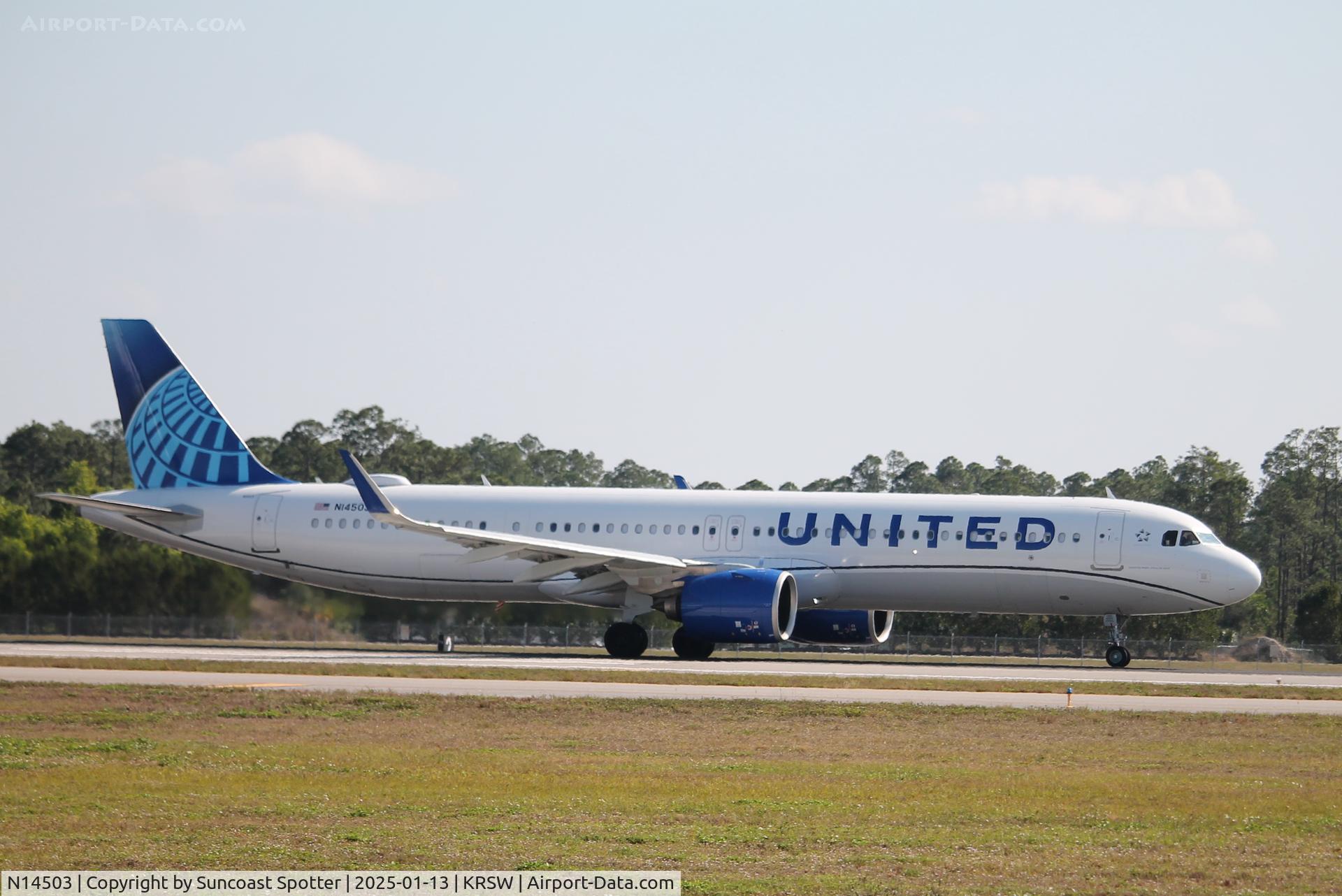 N14503, 2023 Airbus A321-27NX NEO C/N 11599, United Flight 1740 departs Runway 24 at Southwest Florida International Airport enroute to Chicago-O’Hare International Airport