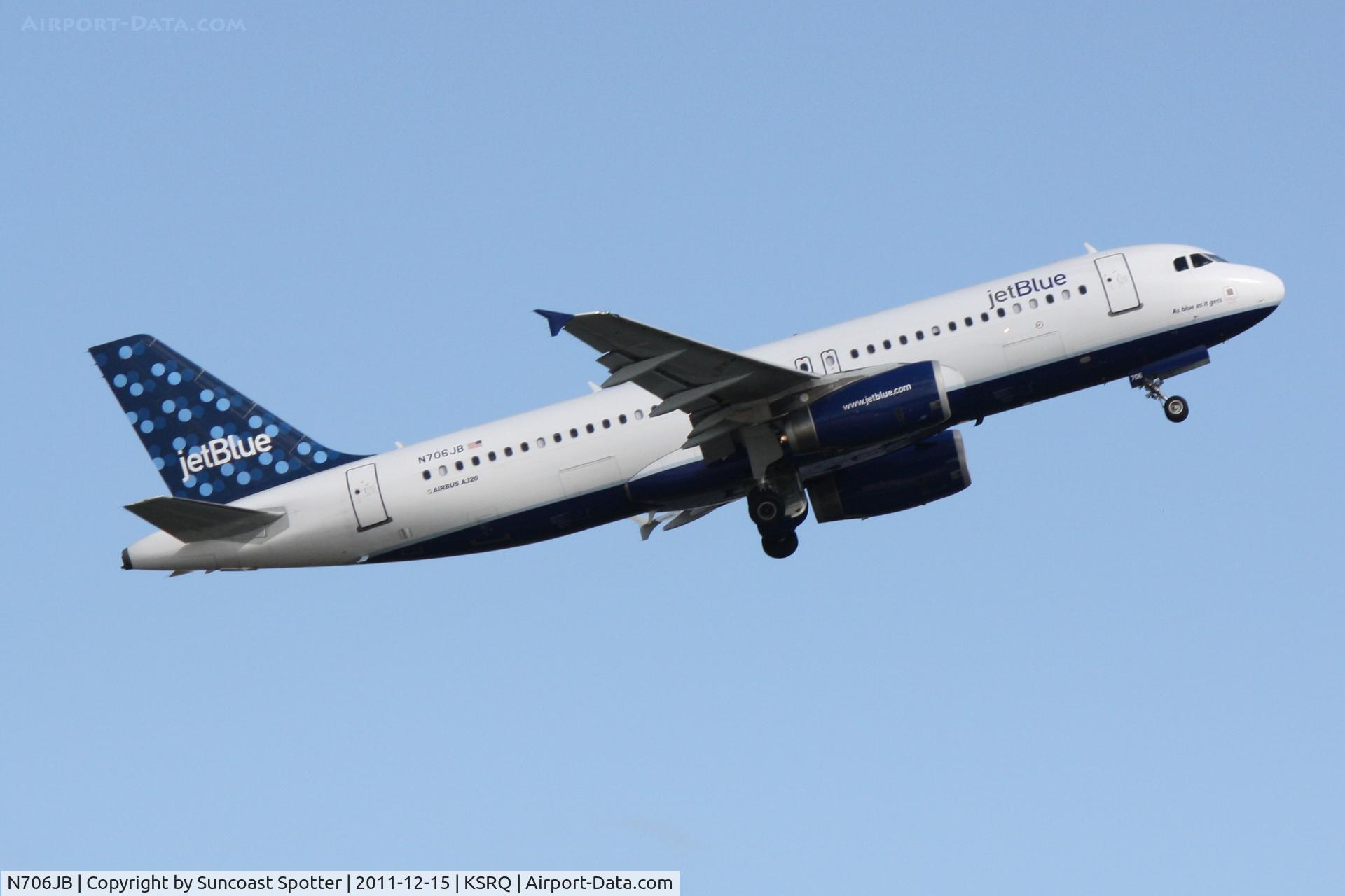 N706JB, 2008 Airbus A320-232 C/N 3451, Jet Blue Airbus A320 departs Runway 14 at Sarasota-Bradenton International Airport