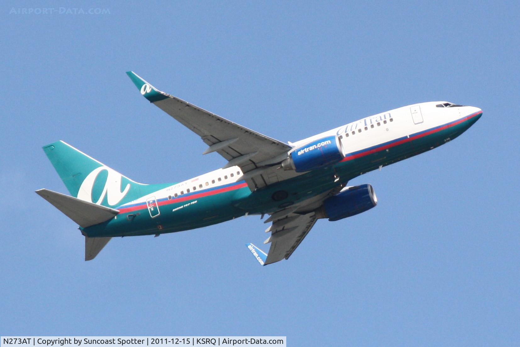 N273AT, 2005 Boeing 737-76N C/N 32662, AirTran Boeing 737-700 departs Runway 14 at Sarasota-Bradenton International Airport