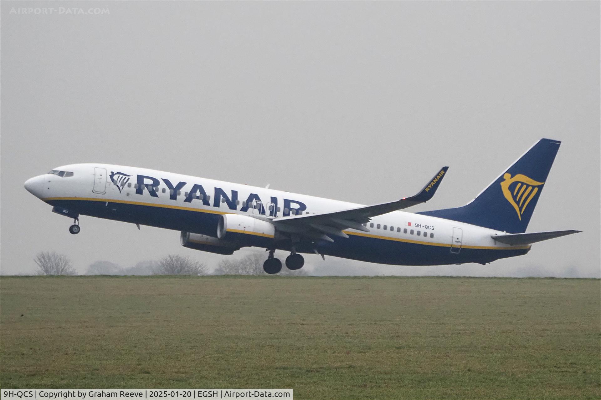 9H-QCS, 2016 Boeing 737-8AS C/N 44744, Departing from Norwich.