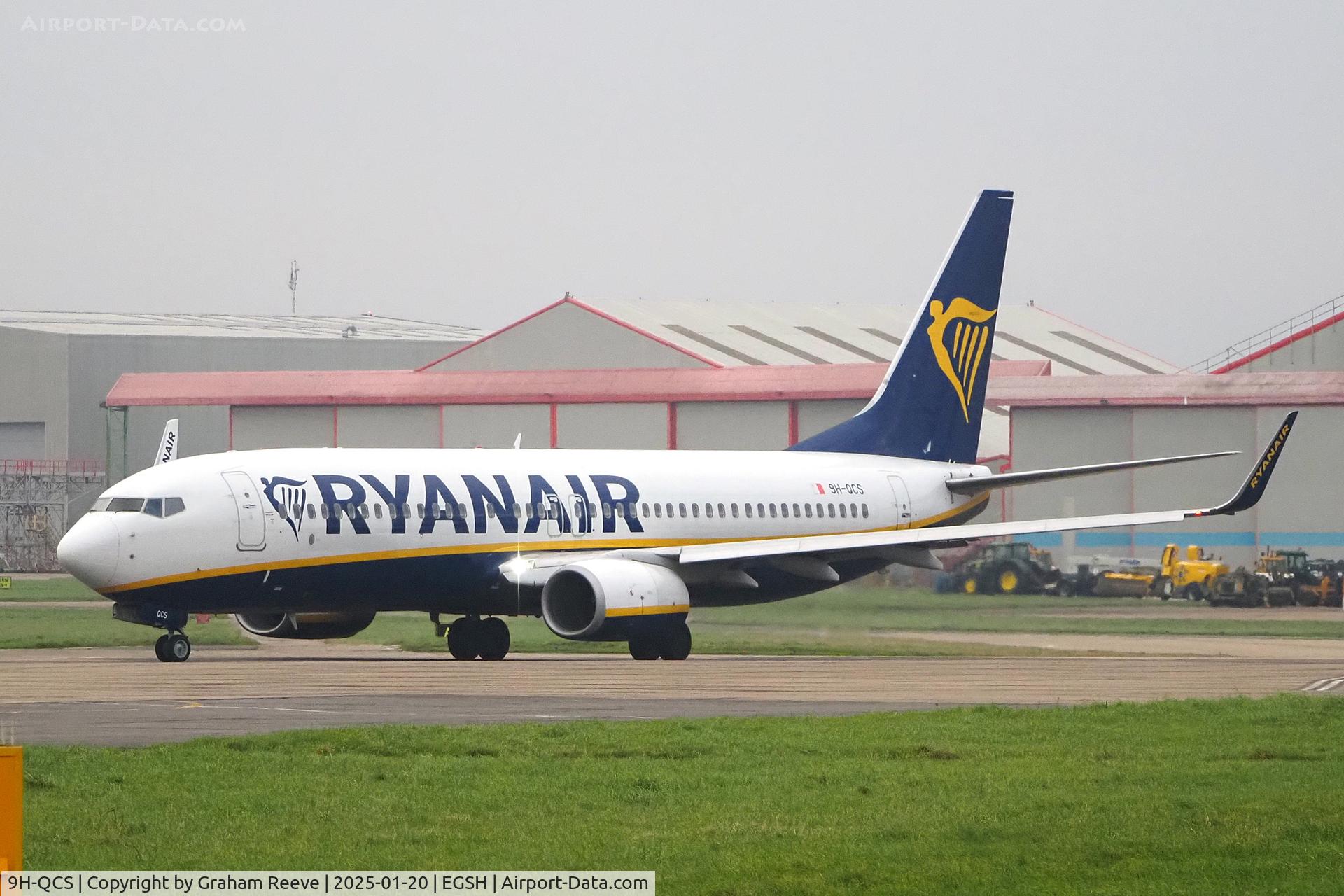 9H-QCS, 2016 Boeing 737-8AS C/N 44744, Departing from Norwich.