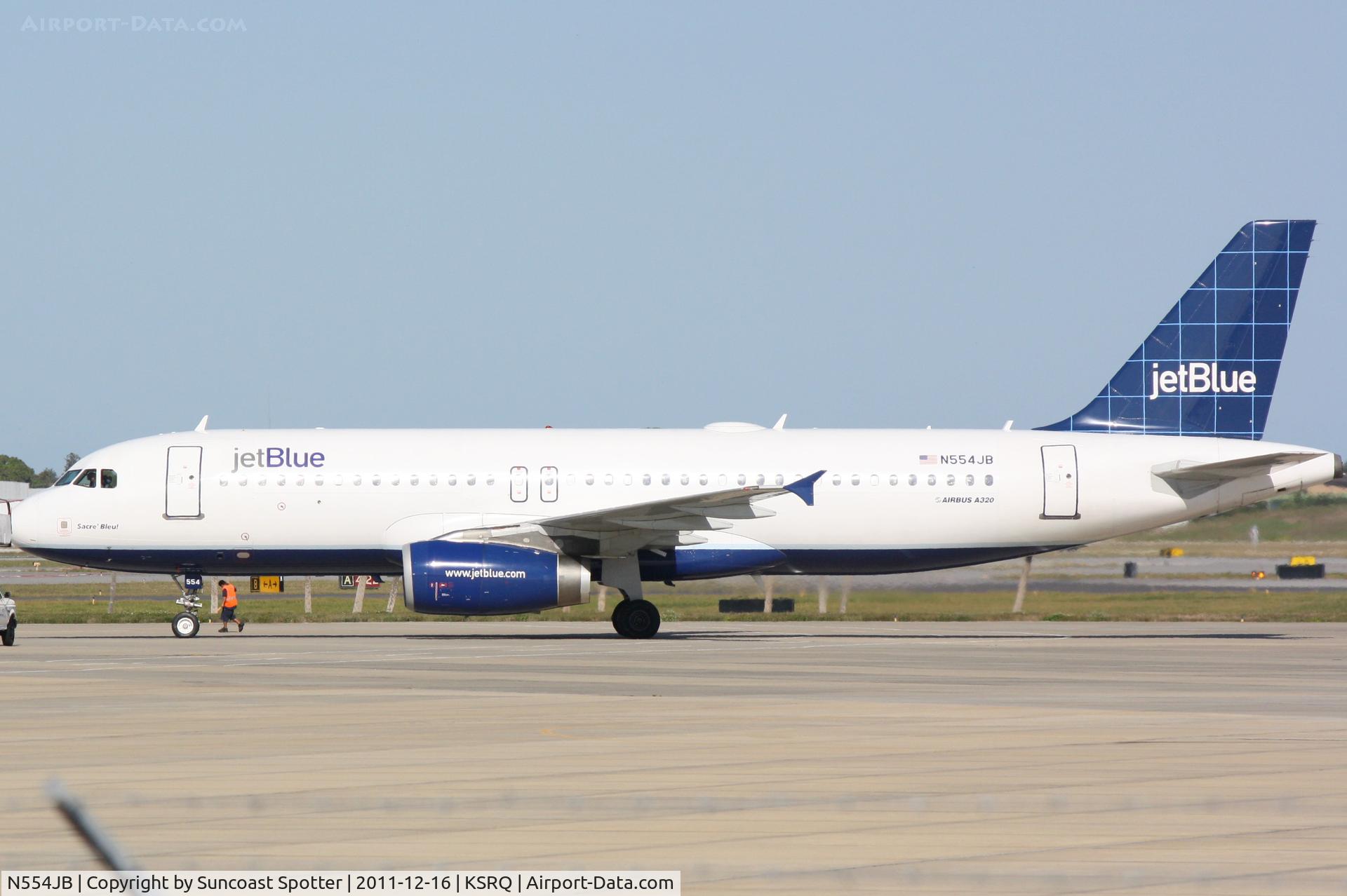 N554JB, 2002 Airbus A320-232 C/N 1898, Jet Blue Air Bus A320 pulls into the gate at Sarasota-Bradenton International Airport following a flight from John F Kennedy International Airport