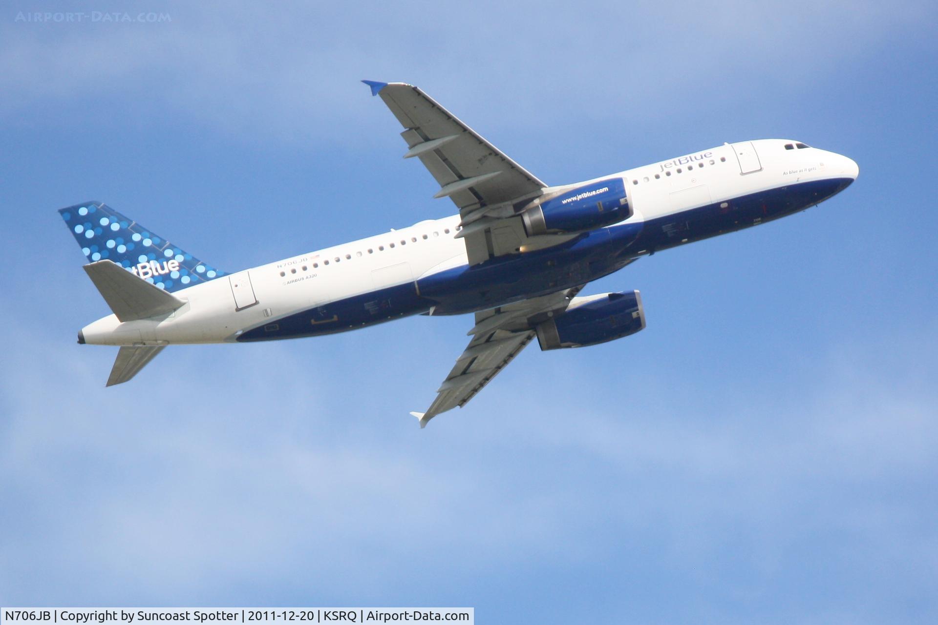 N706JB, 2008 Airbus A320-232 C/N 3451, Jet Blue Flight 346  departs Runway 14 at Sarasota-Bradenton International Airport enroute to John F Kennedy International Airport
