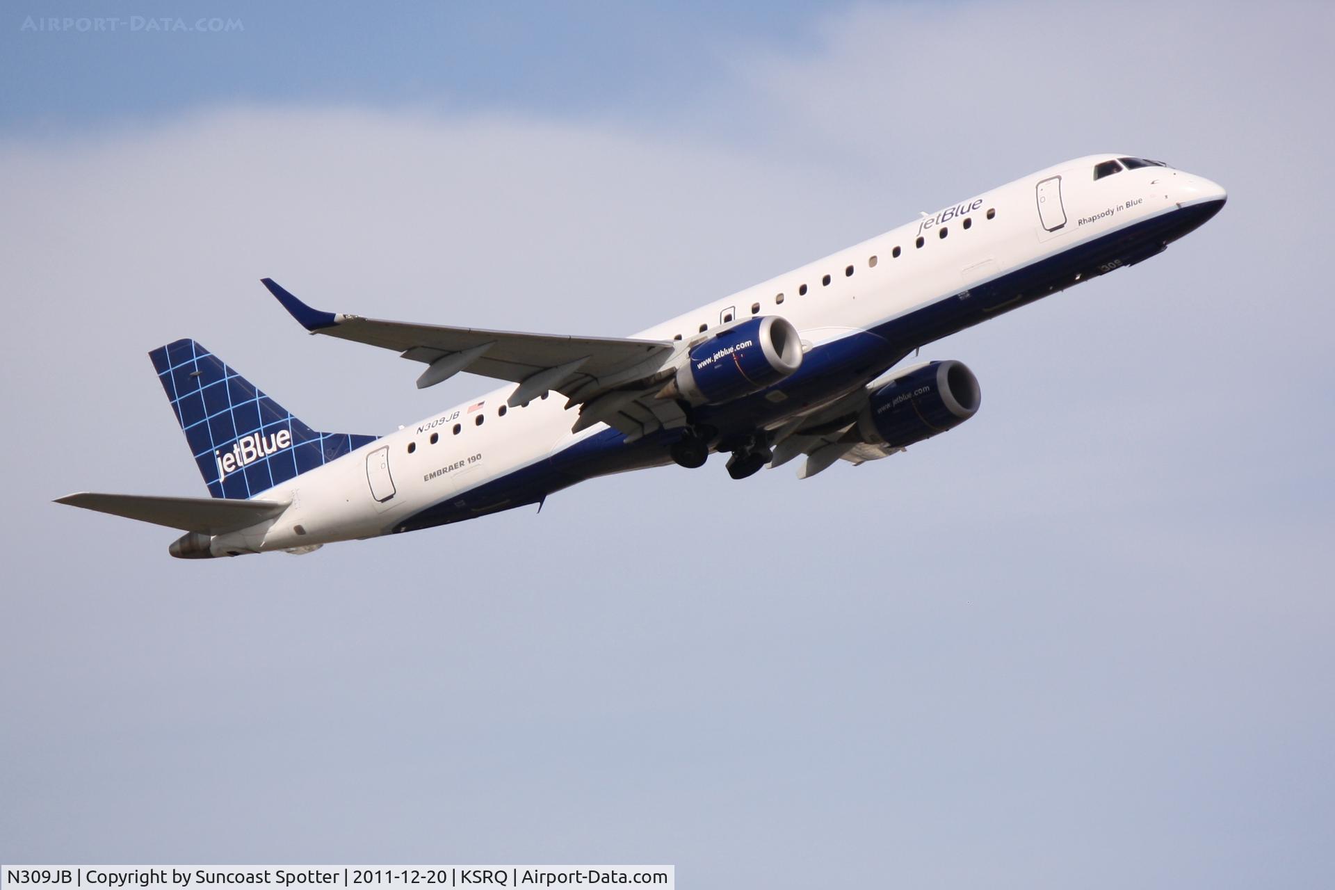 N309JB, Embraer ERJ-190-100 IGW 190AR C/N 19000289, Jet Blue Flight 1188 departs Runway 14 at Sarasota-Bradenton International Airport enroute to Boston Logan International Airport