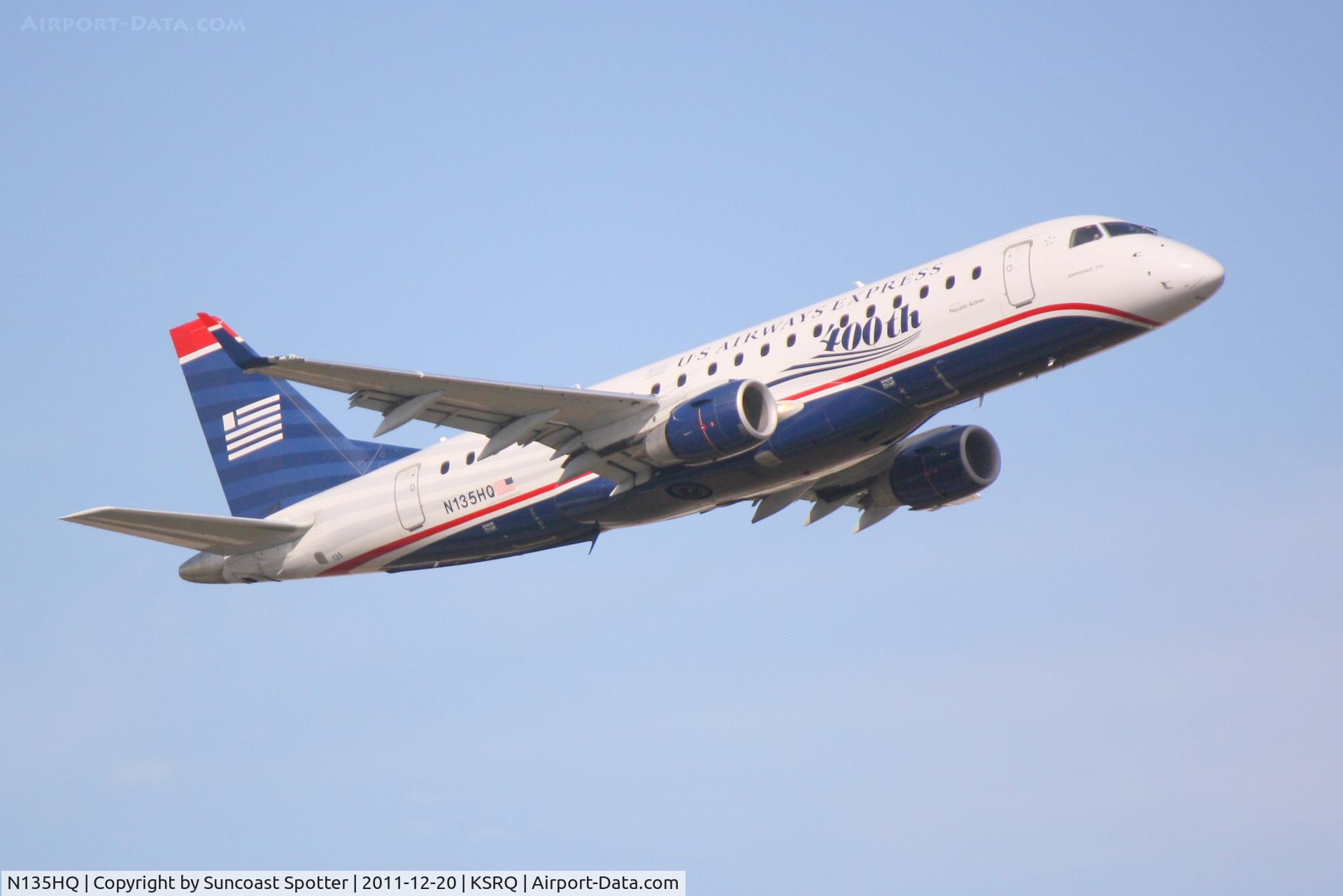 N135HQ, 2008 Embraer 175LR (ERJ-170-200LR) C/N 17000224, Republic Flight 3330 departs Runway 14 at Sarasota-Bradenton International Airport enroute to Reagan National Airport