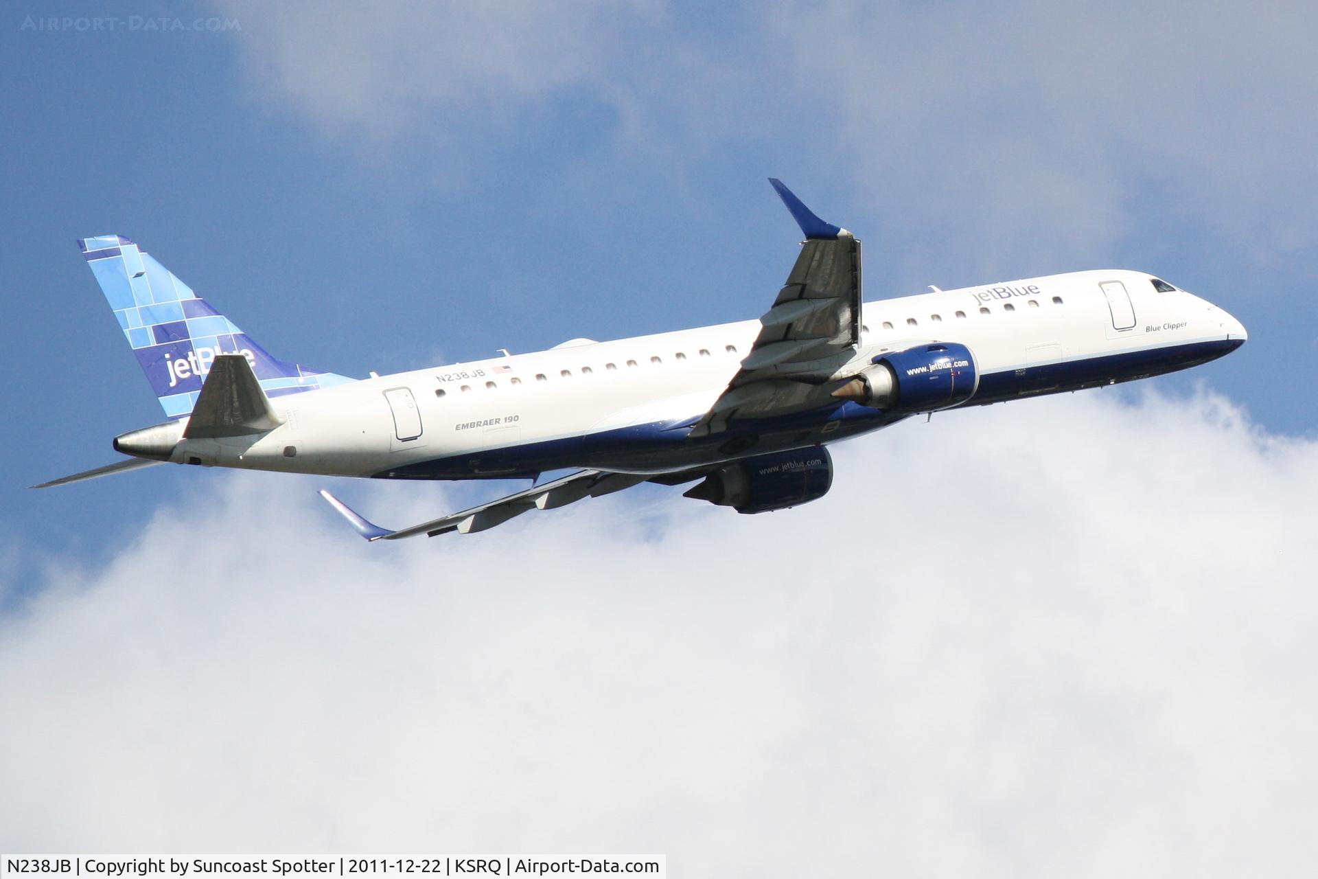 N238JB, 2006 Embraer 190AR (ERJ-190-100IGW) C/N 19000039, Jet Blue Flight 1188 departs Runway 14 at Sarasota-Bradenton International Airport enroute to Boston Logan International Airport