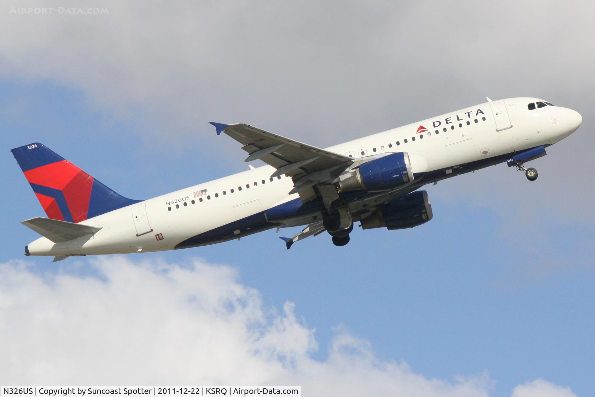 N326US, 1992 Airbus A320-211 C/N 282, Delta Flight 1146 departs Runway 14 at Sarasota-Bradenton International Airport enroute to Detroit Metropolitan Wayne County Airport