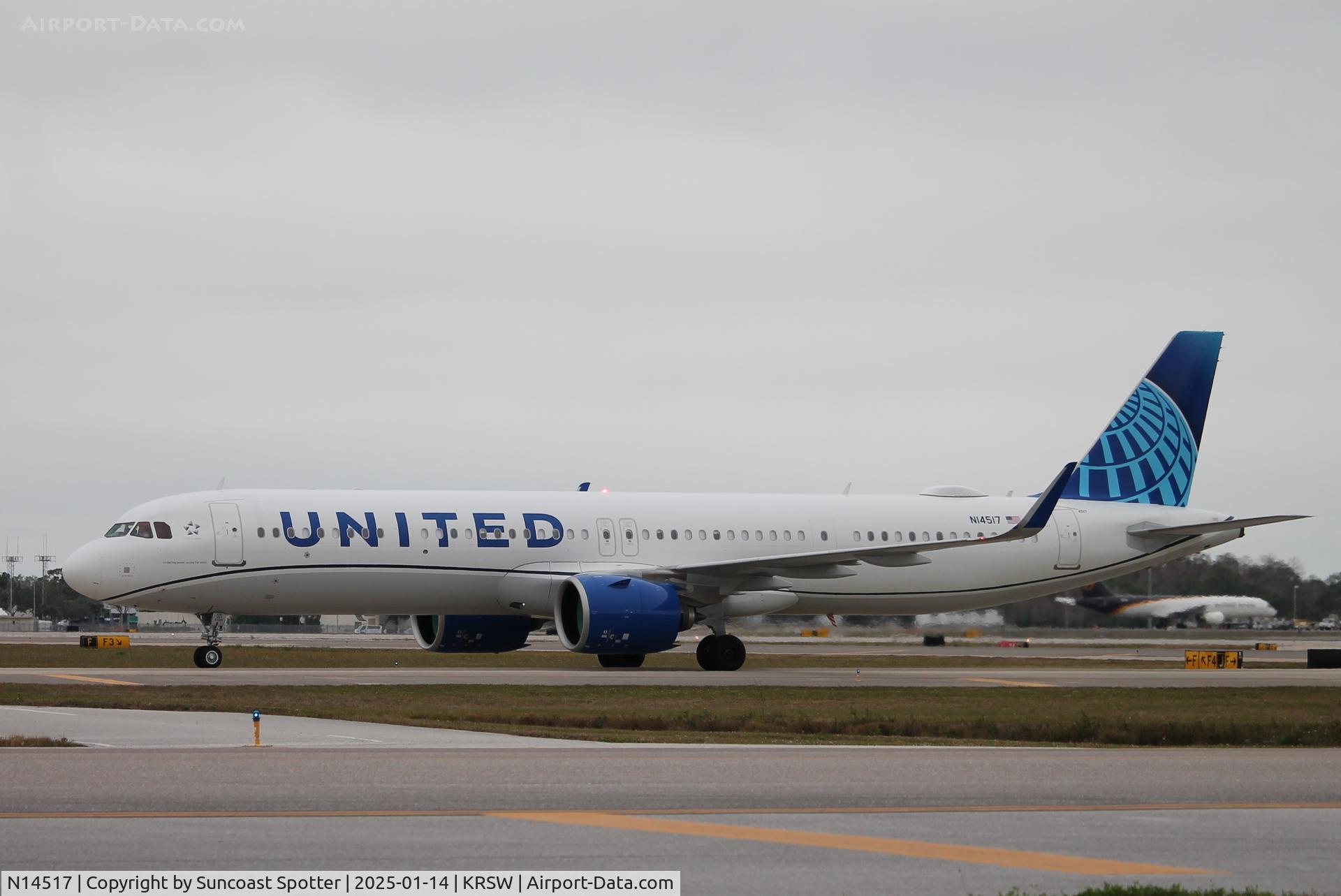 N14517, 2024 Airbus A321-271NX C/N 12101, United Flight 1740 taxis to gate at Southwest Florida International Airport following flight from Chicago-O’Hare International Airport