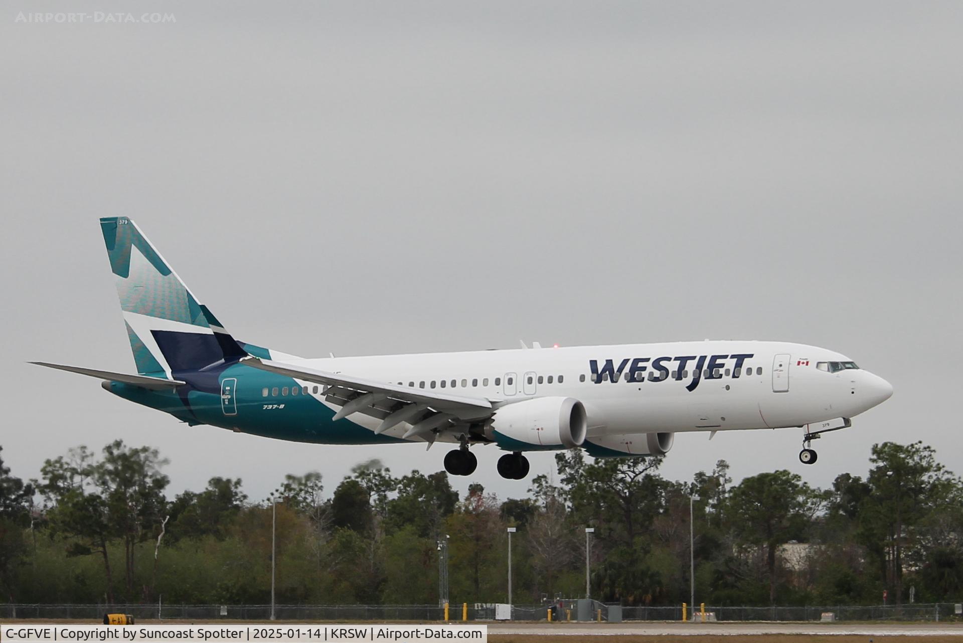 C-GFVE, 2023 Boeing 737 Max 8 C/N 66474, WestJet Flight 1236 arrives on Runway 6 at Southwest Florida International Airport following flight from Toronto-Pearson International Airport