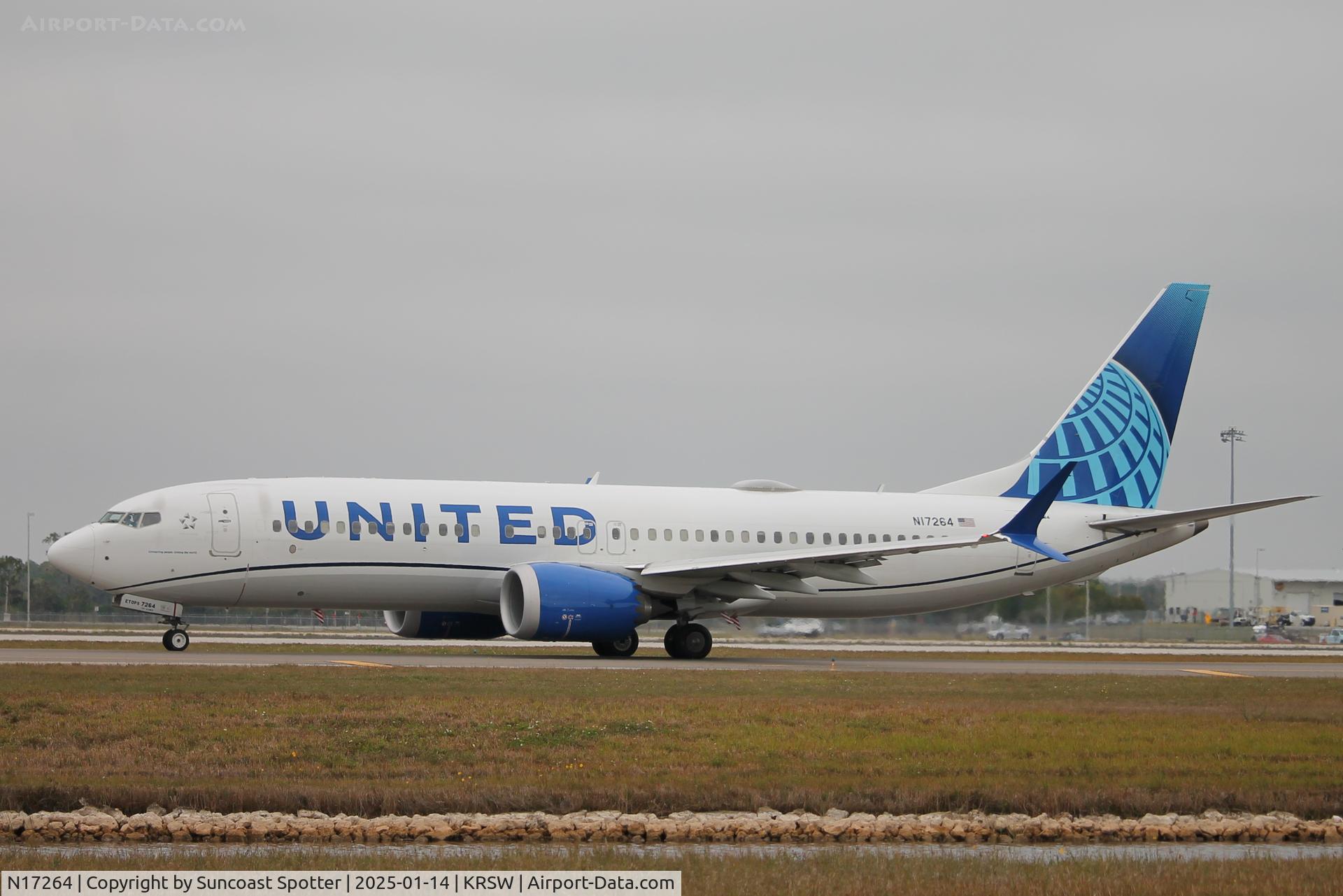 N17264, 2021 Boeing 737 MAX 8 C/N 8129, United Flight 679 taxis at Southwest Florida International Airport prior to flight to Cleveland-Hopkins International Airport