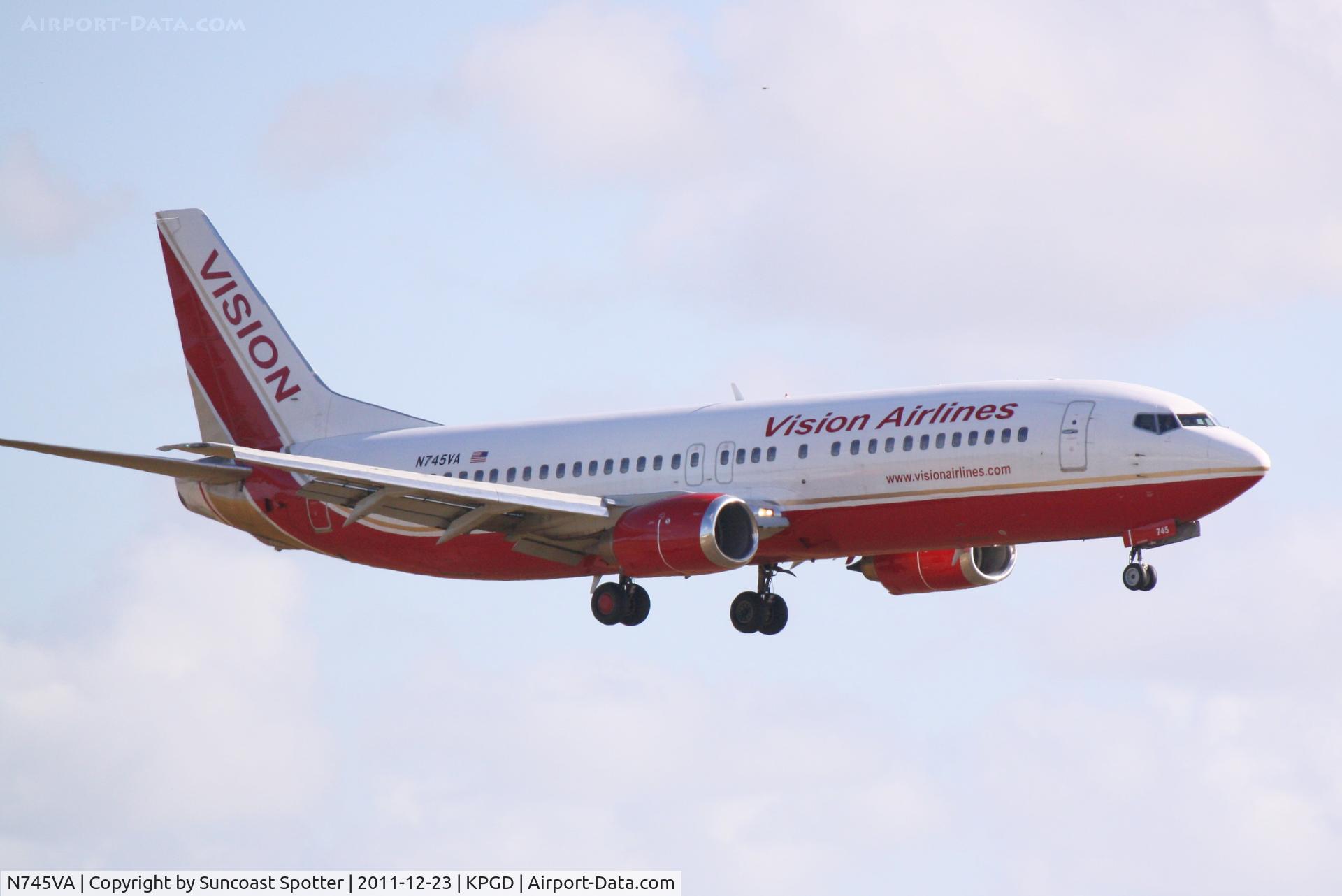 N745VA, 1989 Boeing 737-405 C/N 24271, Vision Flight 605 on approach to Runway 22 at Charlotte County Airport following flight from Louisville International Airport
