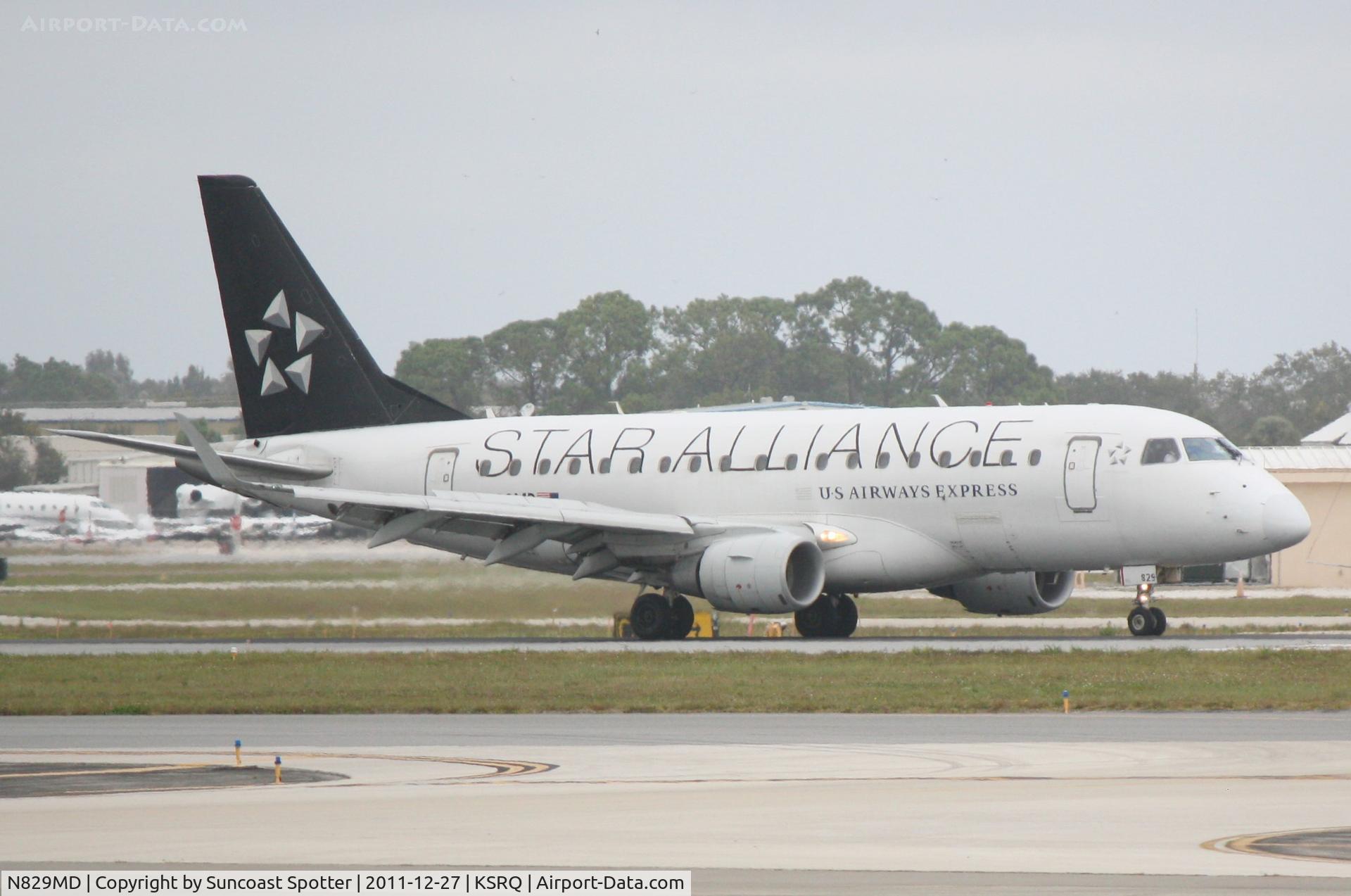 N829MD, 2005 Embraer 170SU (ERJ-170-100SU) C/N 17000049, Republic Airlines/US Airways Express Flight 3399 arrives on Runway 14 at Sarasota-Bradenton International Airport following a flight from Reagan National Airport