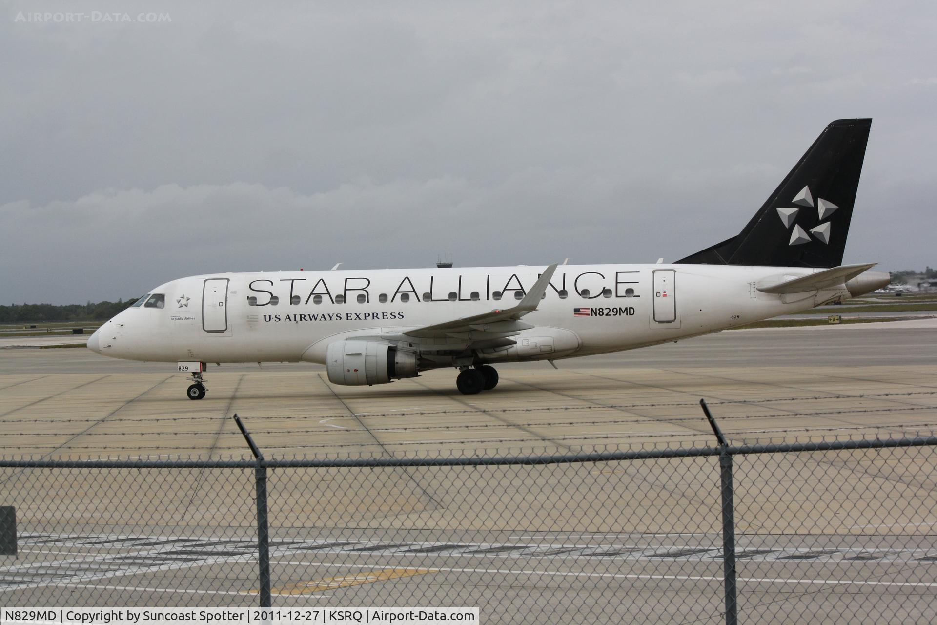 N829MD, 2005 Embraer 170SU (ERJ-170-100SU) C/N 17000049, Republic Airlines/US Airways Express Flight 3399 arrives on Runway 14 at Sarasota-Bradenton International Airport following a flight from Reagan National Airport