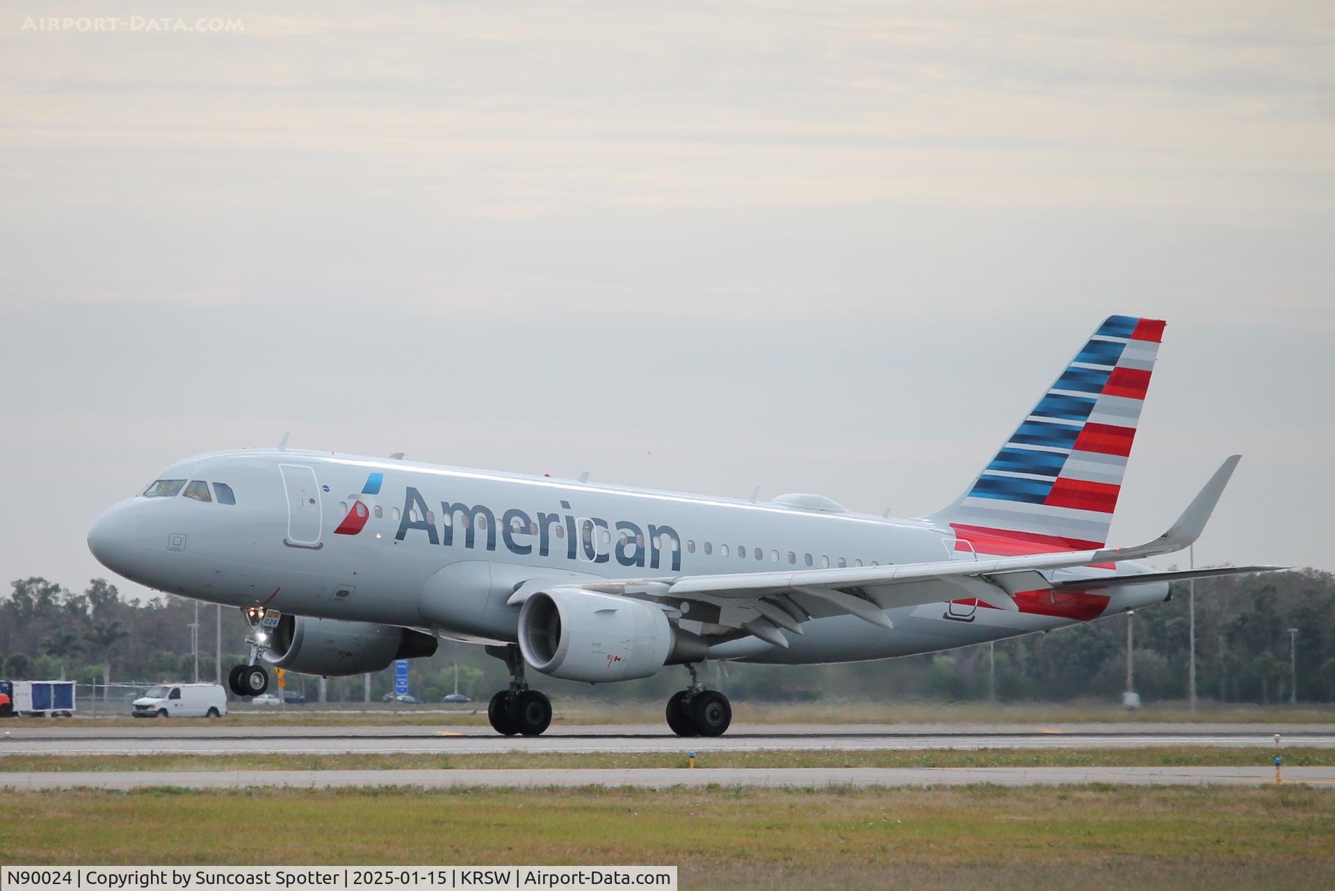 N90024, 2014 Airbus A319-115 C/N 6384, American Flight 2899 arrives on Runway 6 at Southwest Florida International Airport following flight from Philadelphia International Airport