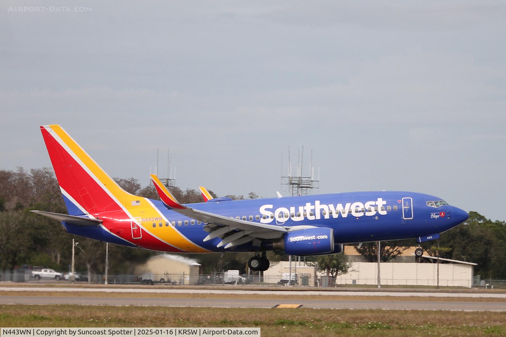 N443WN, 2003 Boeing 737-7H4 C/N 29838, Southwest Flight 3009 arrives on Runway 6 at Southwest Florida International Airport following flight from Hartsfield-Jackson Atlanta International Airport