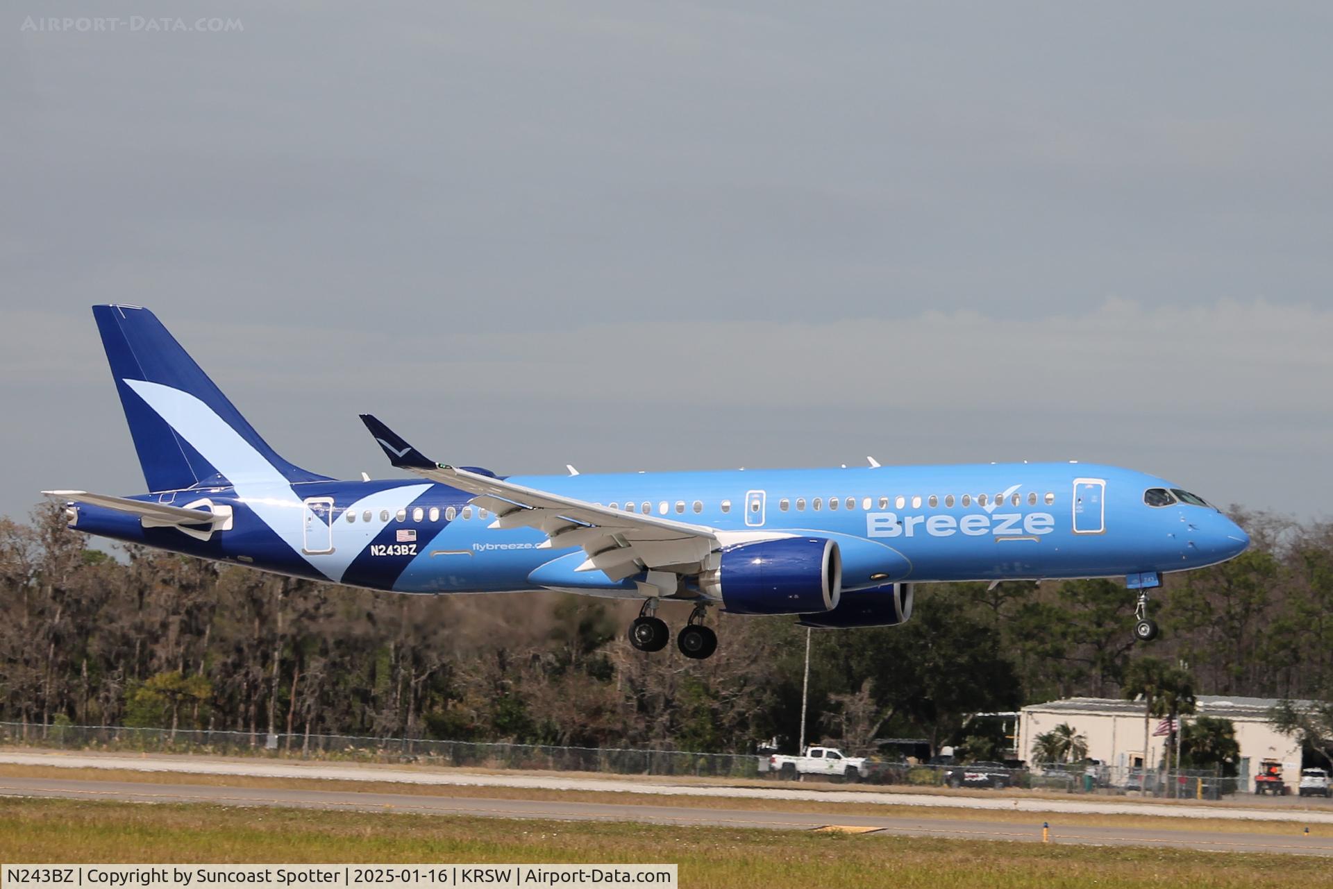 N243BZ, 2024 Airbus A220-371 C/N 55313, Breeze Flight 795 arrives on Runway 6 at Southwest Florida International Airport following flight from Wilkes-Barre/Scranton International Airport