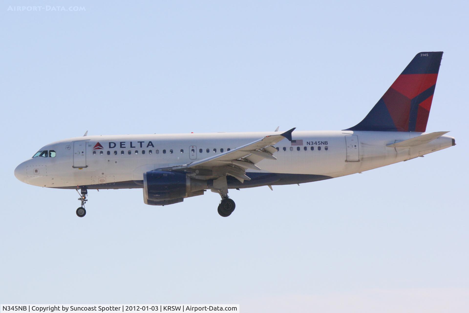 N345NB, 2002 Airbus A319-114 C/N 1774, Delta Flight 1085 on approach to Runway 6 at Southwest Florida International Airport following flight from New York-LaGuardia Airport