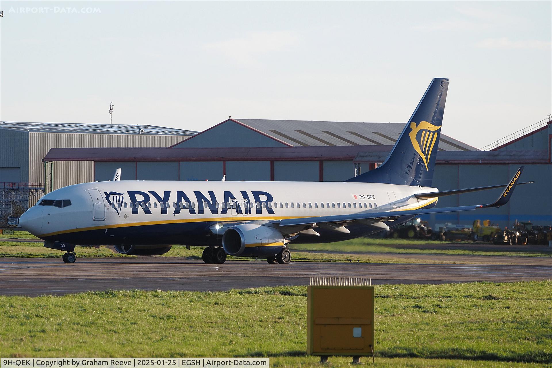 9H-QEK, 2018 Boeing 737-800 C/N 44830, Departing from Norwich.
