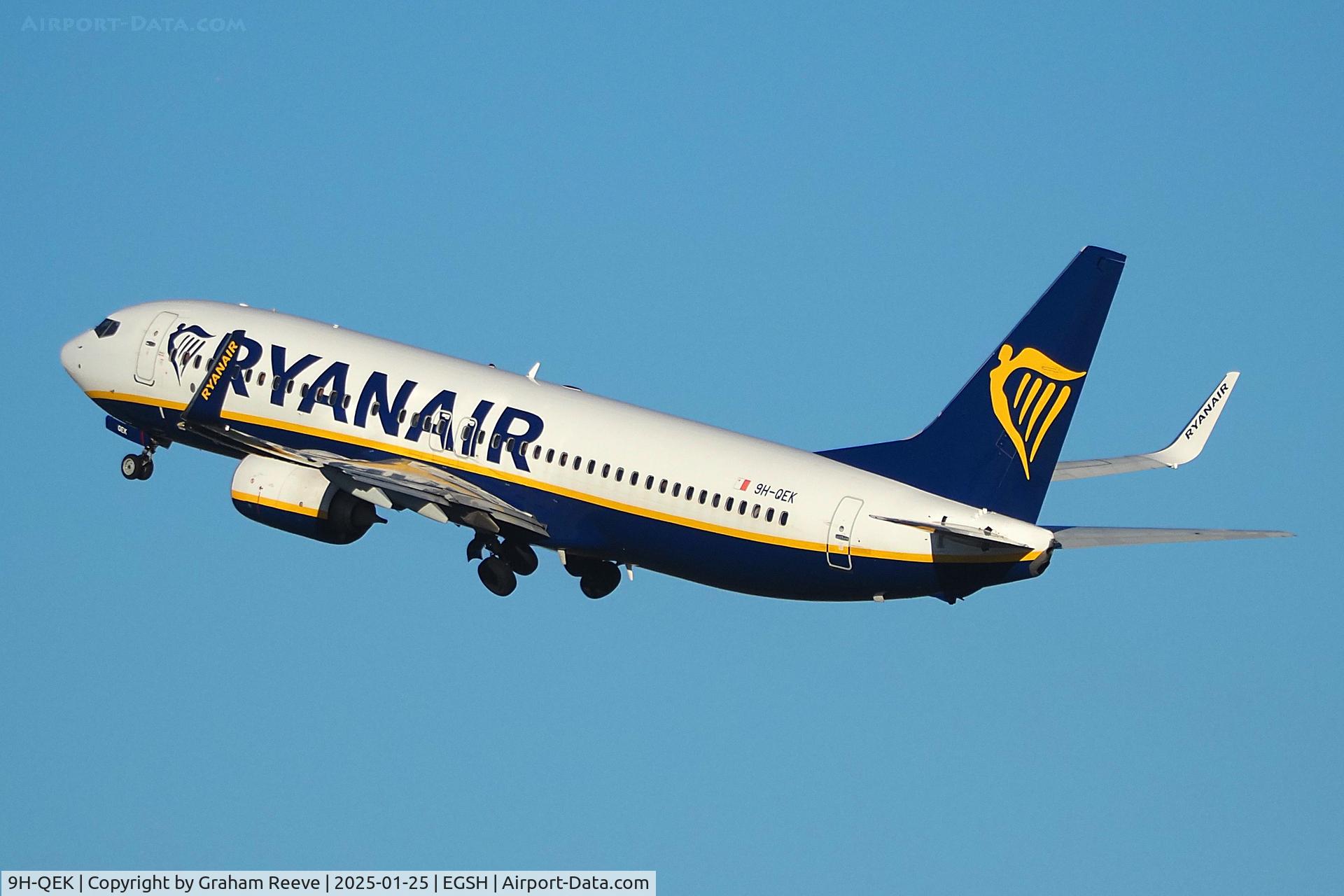 9H-QEK, 2018 Boeing 737-800 C/N 44830, Departing from Norwich.
