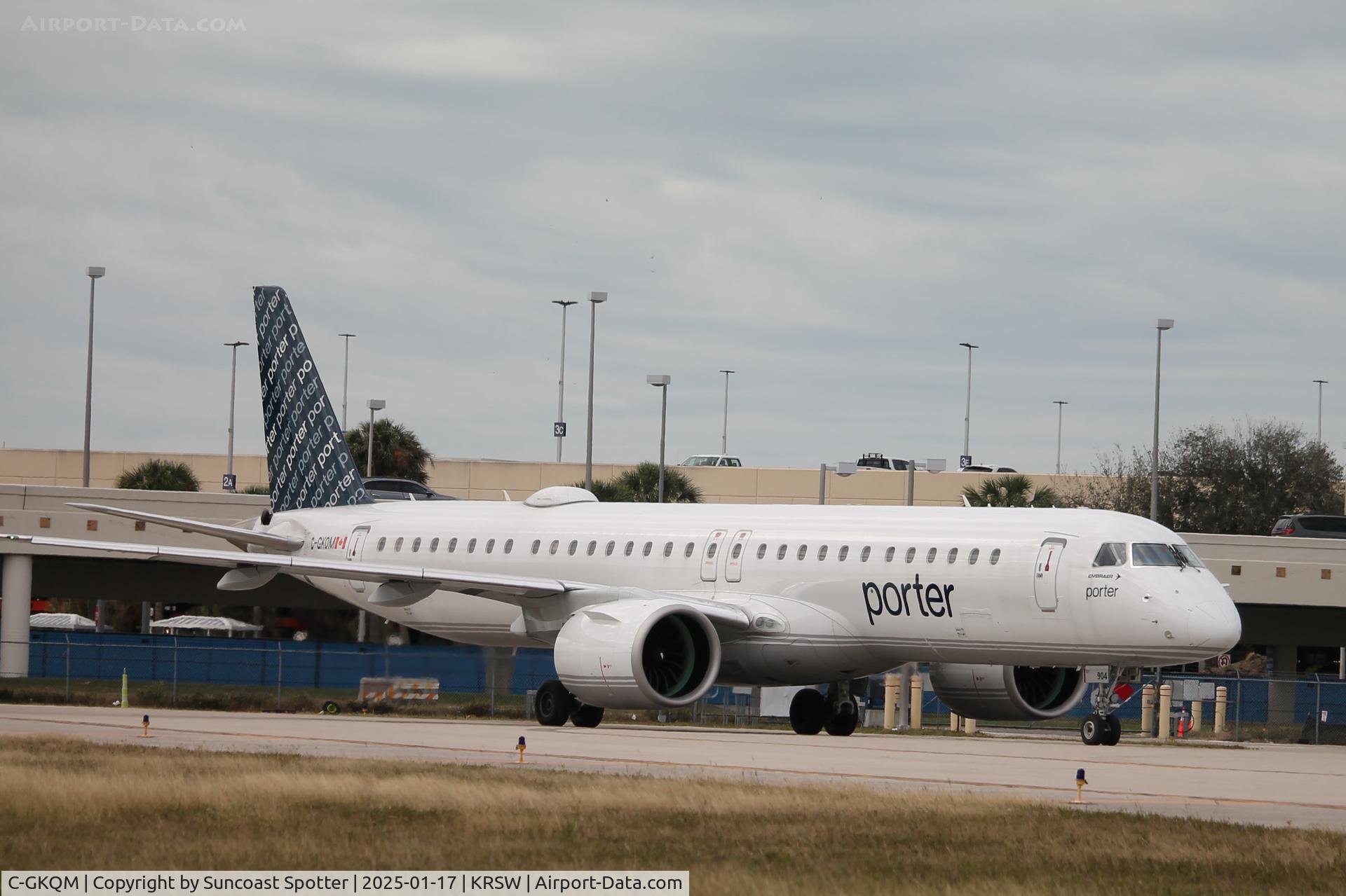 C-GKQM, 2022 Embraer E195-E2 C/N 19020072, Porter Flight 570 taxis at Southwest Florida International Airport prior to flight to Montreal-Trudeau International Airport
