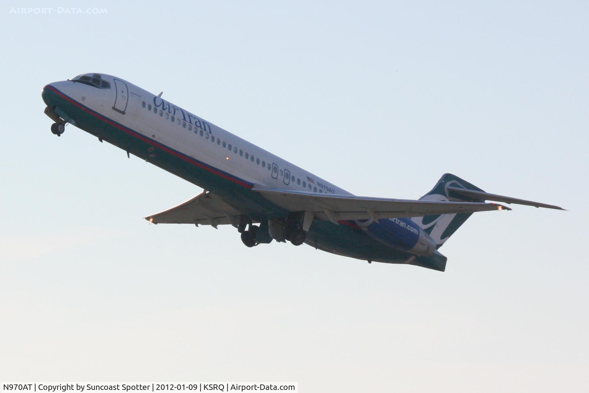 N970AT, 2001 Boeing 717-200 C/N 55031, AirTran Flight 348 departs Runway 14 at Sarasota-Bradenton International Airport enroute  to Baltimore/Washington International Airport
