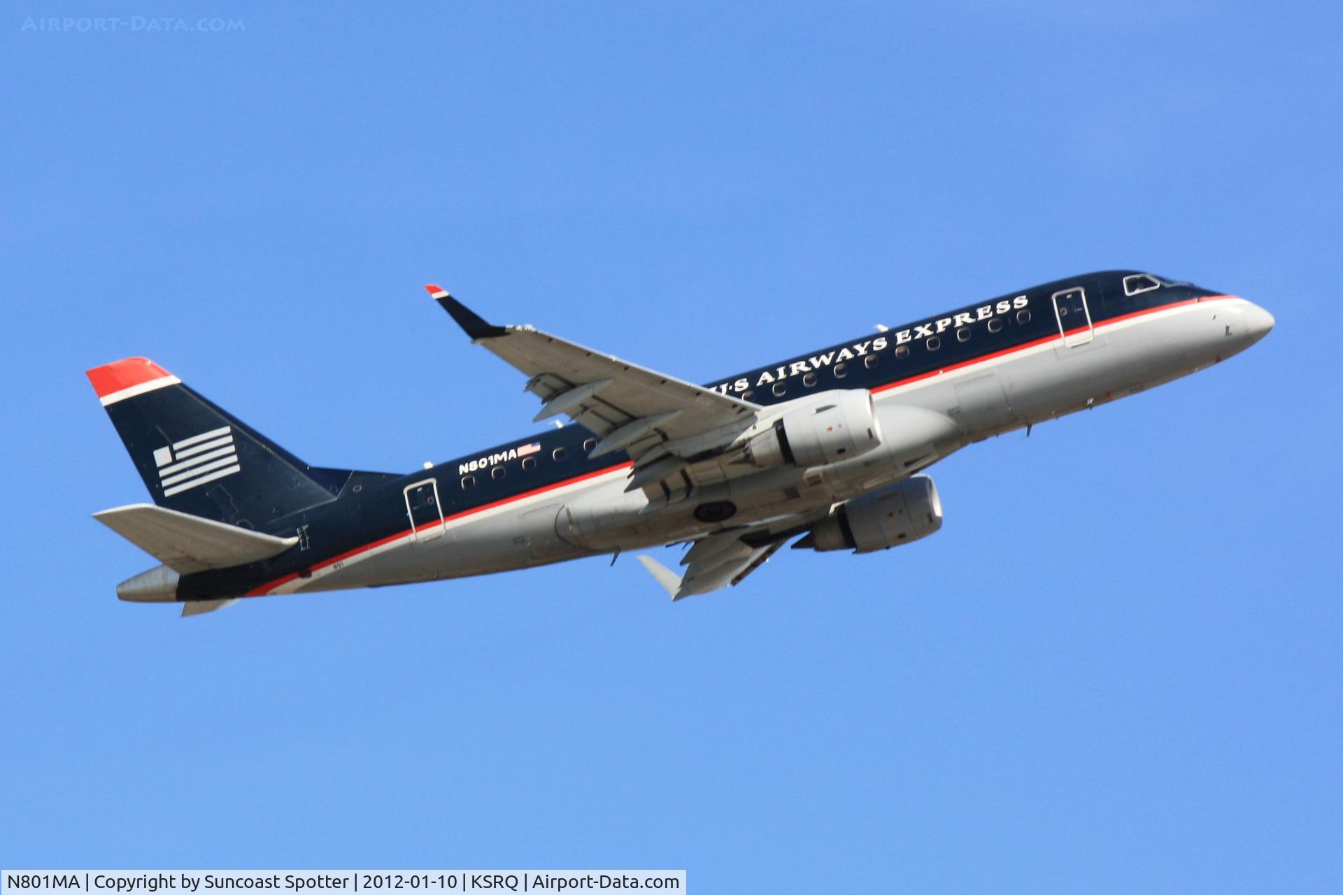 N801MA, 2004 Embraer 170SU (ERJ-170-100SU) C/N 17000012, Republic Airlines/US Airways Express Flight 3330 departs Runway 14 at Sarasota-Bradenton International Airport enroute to Reagan National Airport