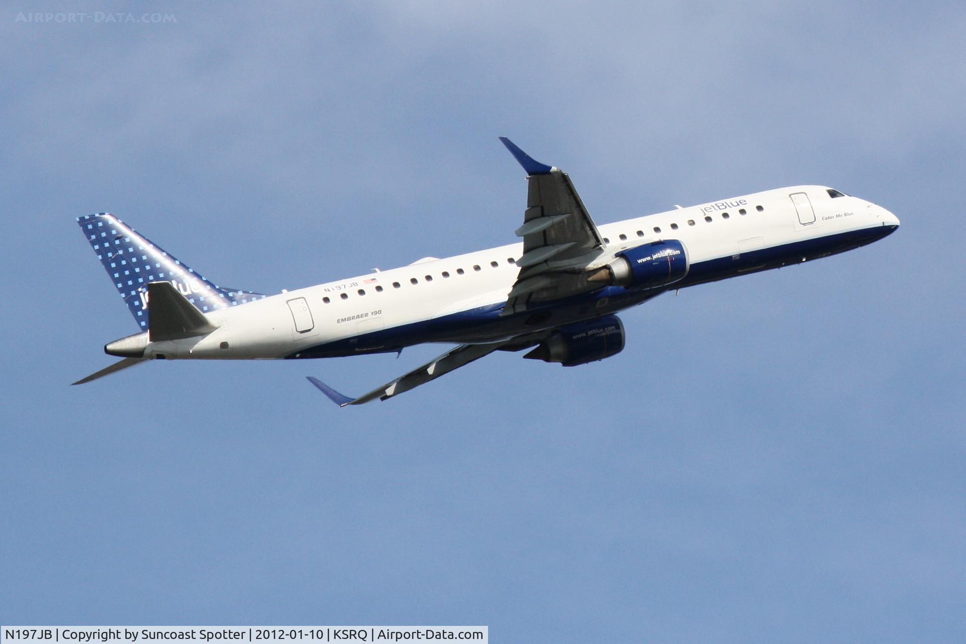 N197JB, 2006 Embraer 190AR (ERJ-190-100IGW) C/N 19000020, Jet Blue Flight 1188 departs Runway 14 at Sarasota-Bradenton International Airport enroute to Boston Logan International Airport