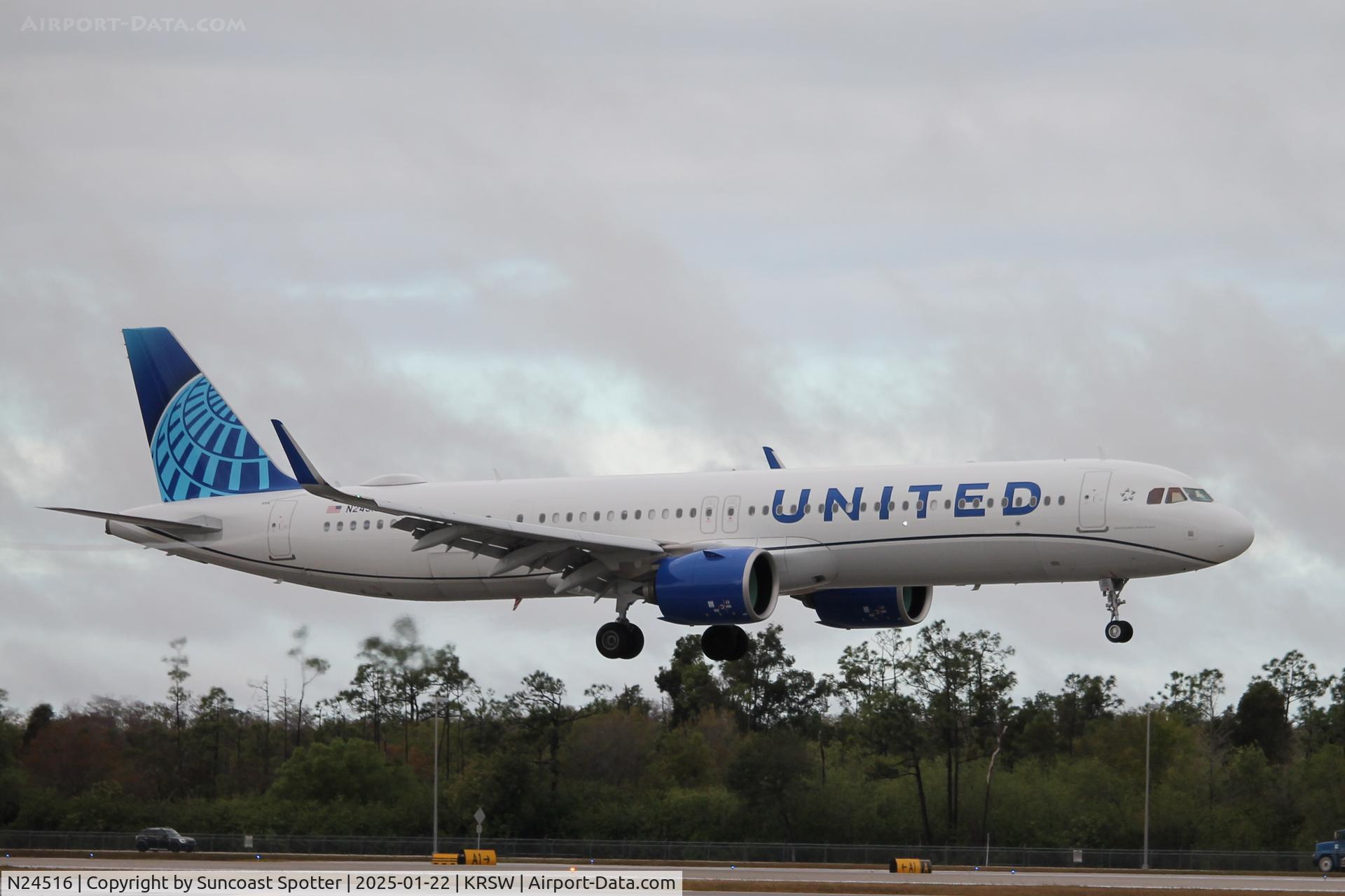 N24516, 2024 Airbus A321- 271NX C/N 12068, United Flight 1740 arrives on Runway 6 at Southwest  Florida International Airport following flight from Chicago-O’Hare International Airport