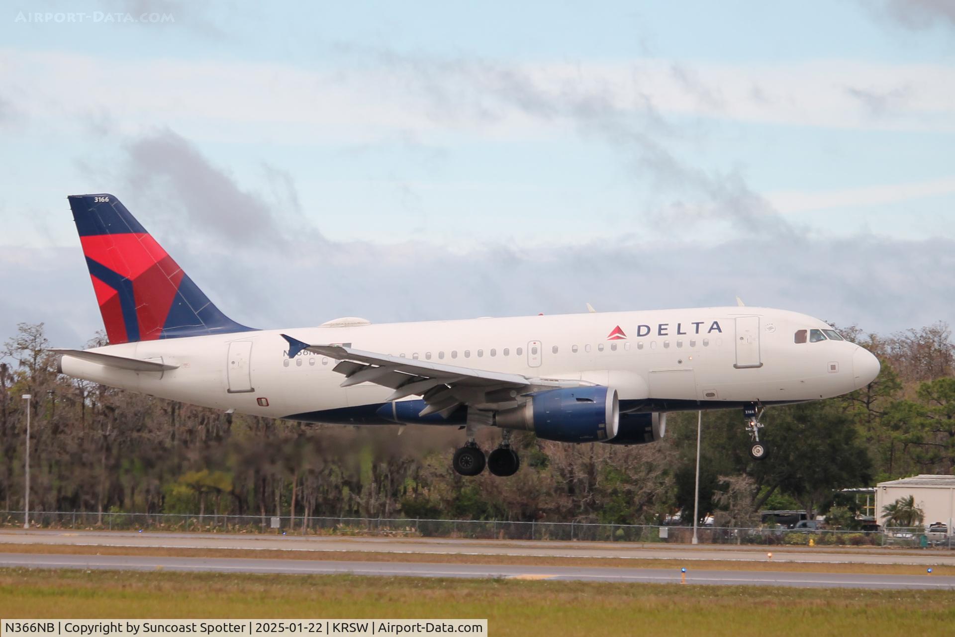 N366NB, 2003 Airbus A319-114 C/N 2026, Delta Flight 2320 arrives on Runway 6 at Southwest Florida International Airport following flight from John F Kennedy International Airport