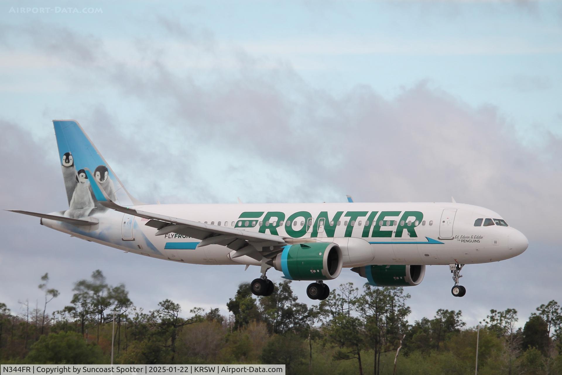 N344FR, 2018 Airbus A320-251N C/N 8639, Frontier Flight 2826  arrives on Runway 6 at Southwest Florida International Airport following flight from Cincinnati/Northern Kentucky International Airport
