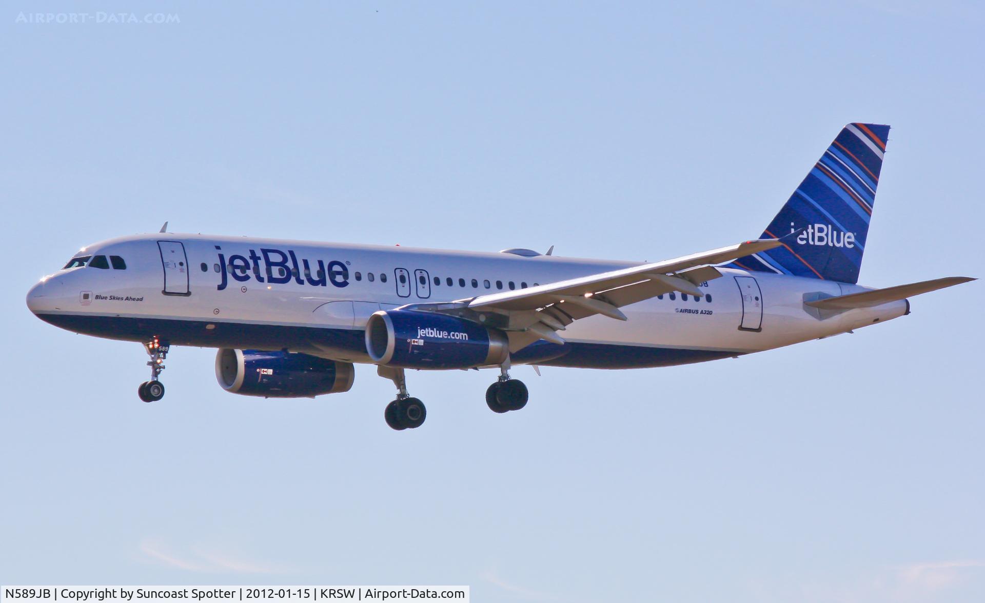 N589JB, 2004 Airbus A320-232 C/N 2215, Jet Blue Flight 465 on approach to Runway 6 at Southwest Florida International Airport following a flight from Boston Logan International Airport