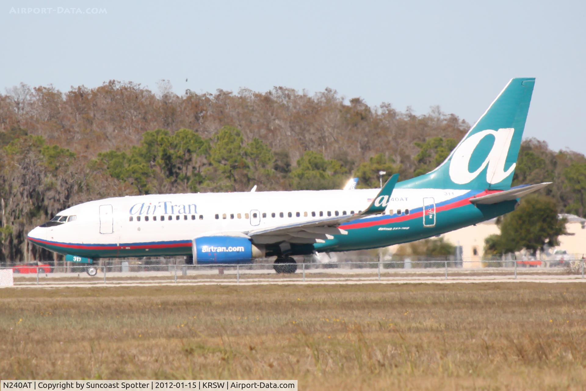 N240AT, 2005 Boeing 737-76N C/N 32657, AirTran Flight 214 prepares for departure from Southwest Florida International Airport enroute to Baltimore/Washington International Airport