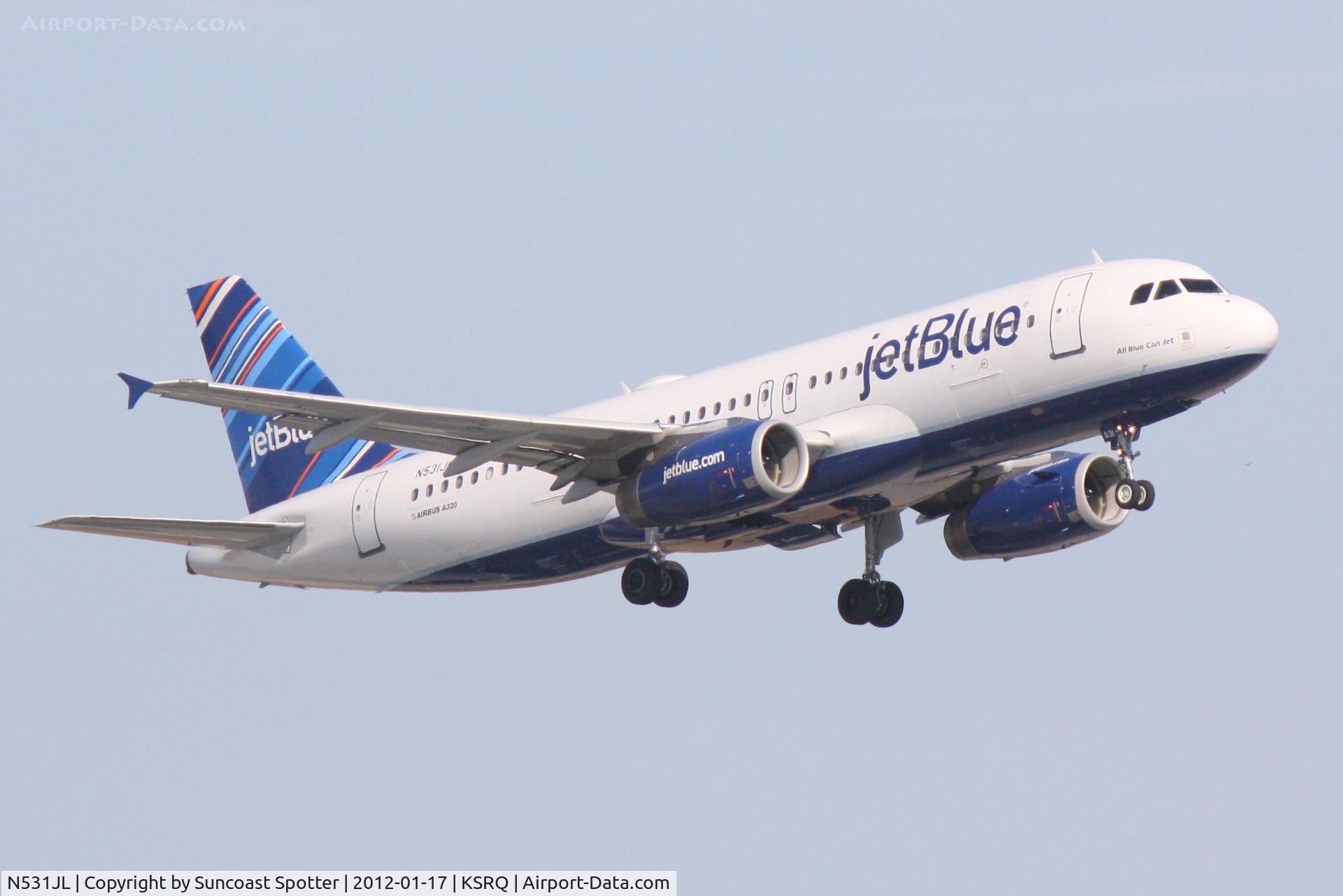 N531JL, 2001 Airbus A320-232 C/N 1650, Jet Blue Flight 346 departs Runway 14 at Sarasota-Bradenton International Airport enroute to John F Kennedy International Airport
