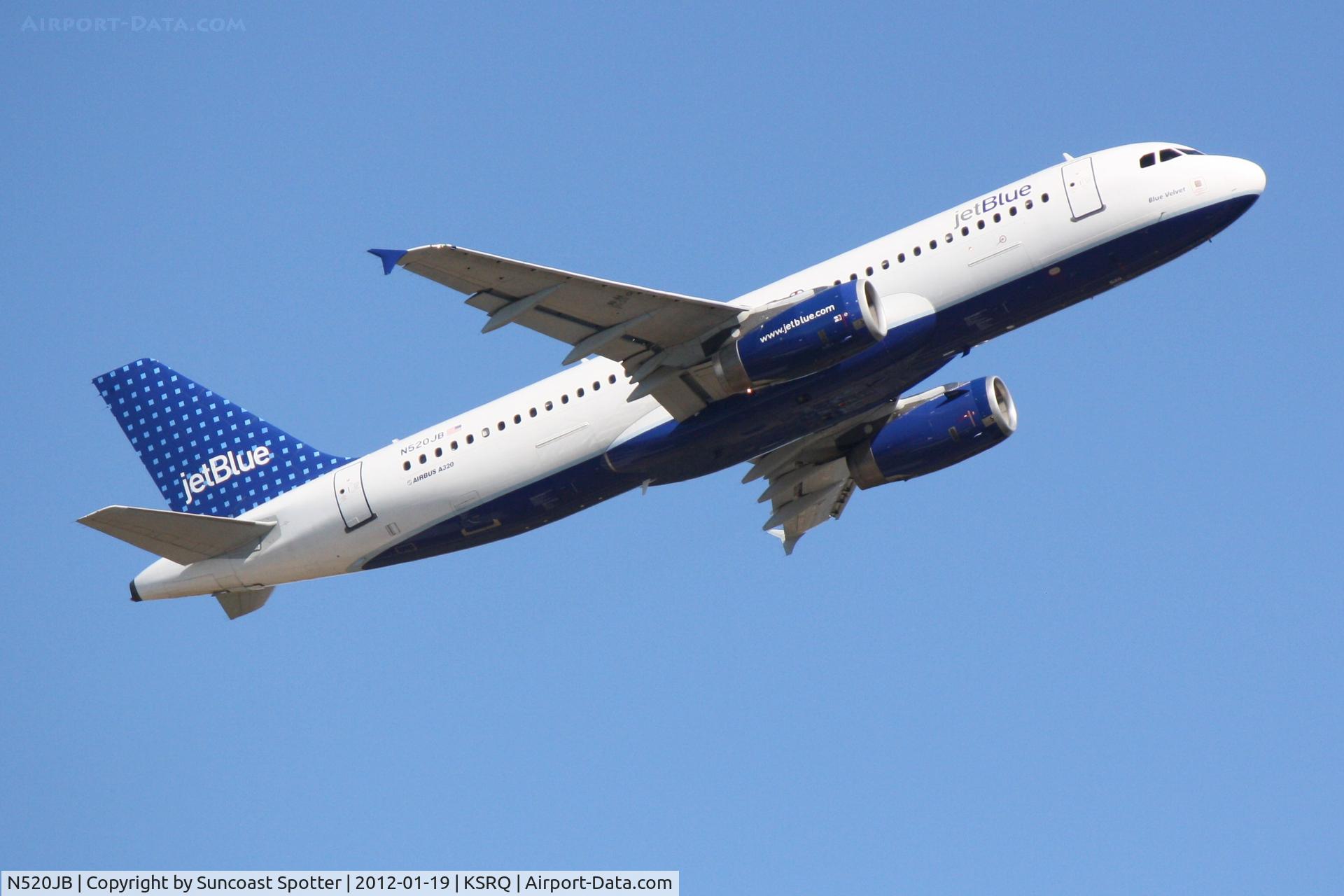 N520JB, 2001 Airbus A320-232 C/N 1446, Jet Blue Flight 346 departs Runway 14 at Sarasota-Bradenton International Airport enroute to John F Kennedy International Airport