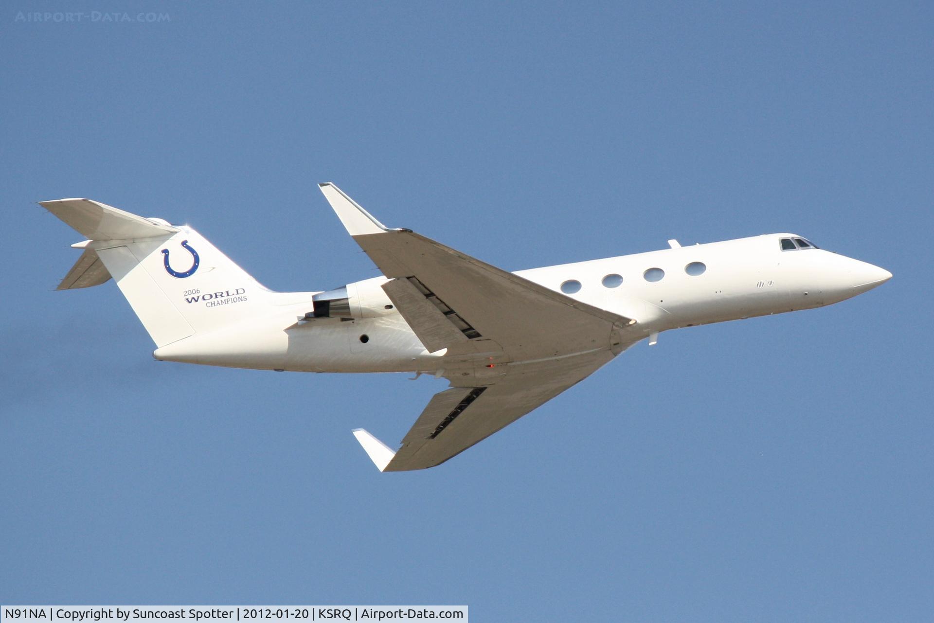 N91NA, 1977 Grumman G-1159B Gulfstream II-B C/N 198, N91NA departs Runway 14 at Sarasota-Bradenton International Airport enroute to Indianapolis International Airport